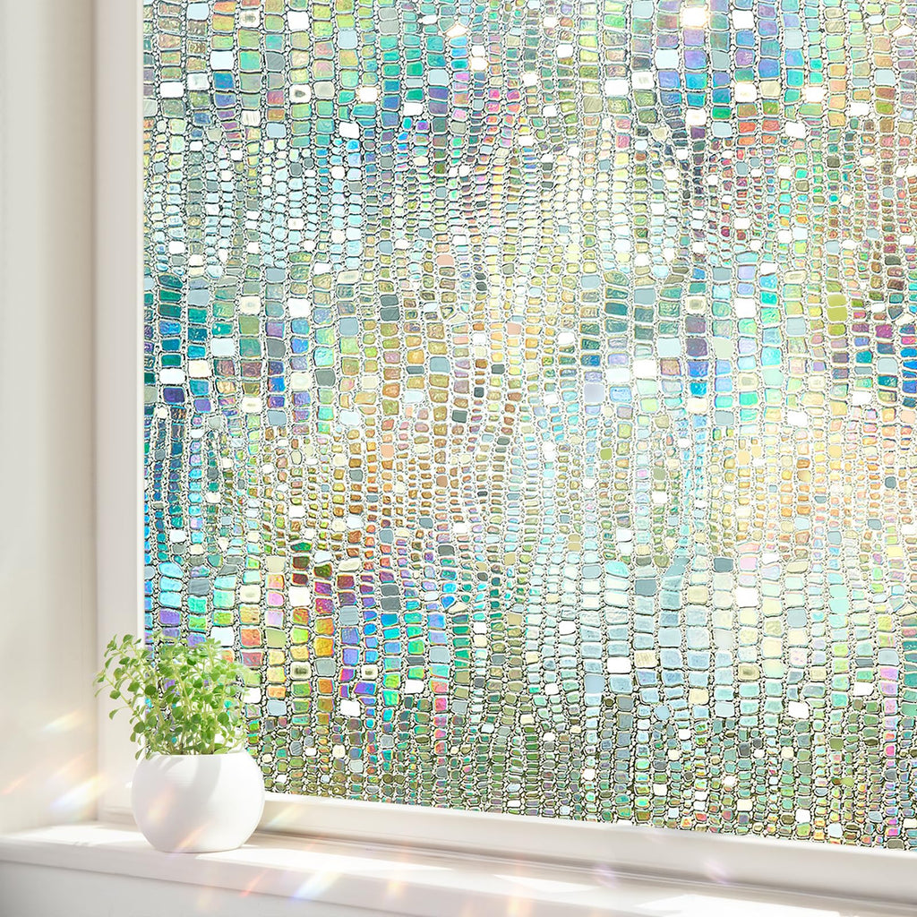 ALIUNI Window Privacy Film, Stained Glass Window Films 3D Rainbow Decorative Static Cling Iridescent Window Tint Heat Blocking D