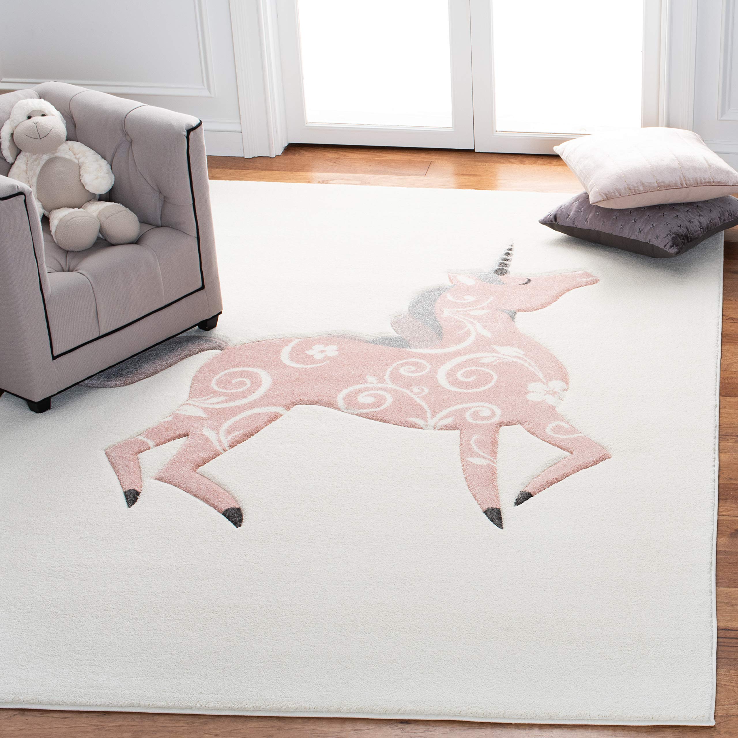 SAFAVIEH Carousel Kids Collection Area Rug - 67 x 9, Ivory & Pink, Non-Shedding & Easy Care, Ideal for High Traffic Areas for 