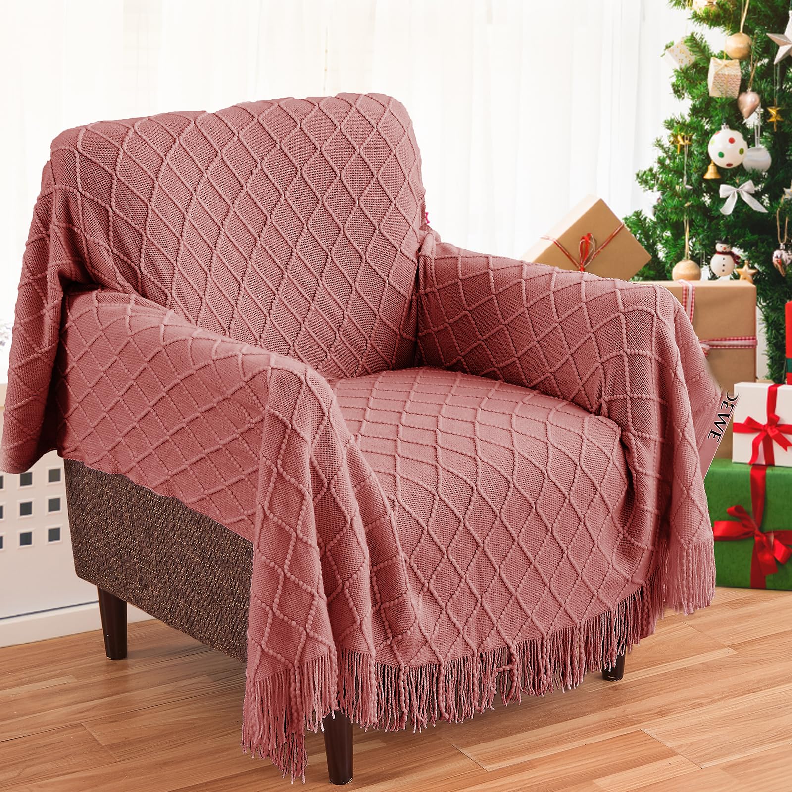 Inhand Knitted Throw Blankets For Couch And Bed, Soft Cozy Knit Blanket With Tassel, Coral Pink Lightweight Decorative Blankets