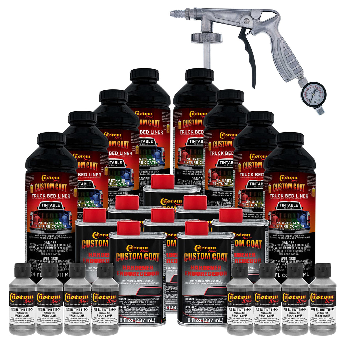 Custom Coat Bright Silver 2 Gallon (8 Quart) Urethane Spray-On Truck Bed Liner Kit With Spray Gun And Regulator - Easy Mixing, S