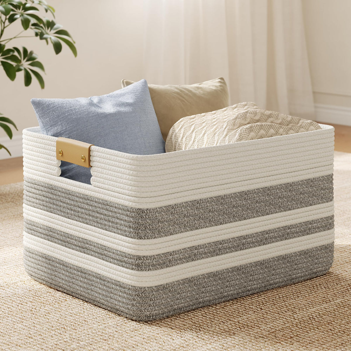 Nunsino 75L Woven Blanket Basket with Leather Handles, Cotton Rope Laundry Basket Hamper,Decorative Nursery Basket Toy Storage B