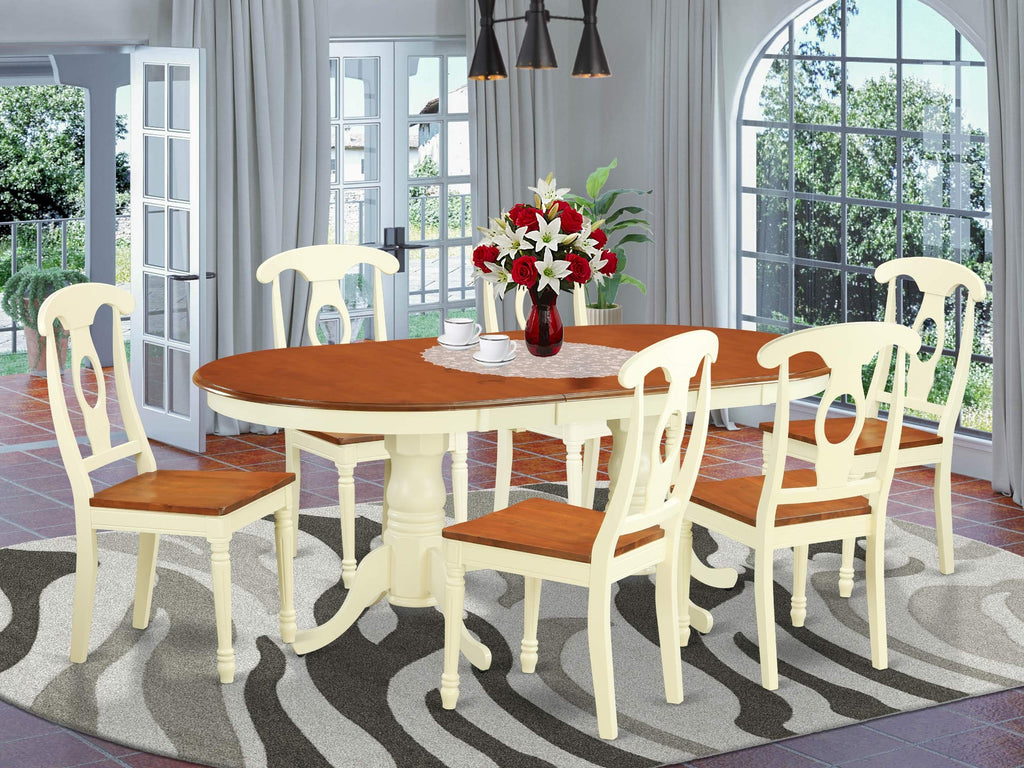 East West Furniture PLKE7-WHI-W 7 Piece Modern Dining Table Set Consist of an Oval Wooden Table with Butterfly Leaf and 6 Dining Chairs, 42x78 Inch, Buttermilk & Cherry