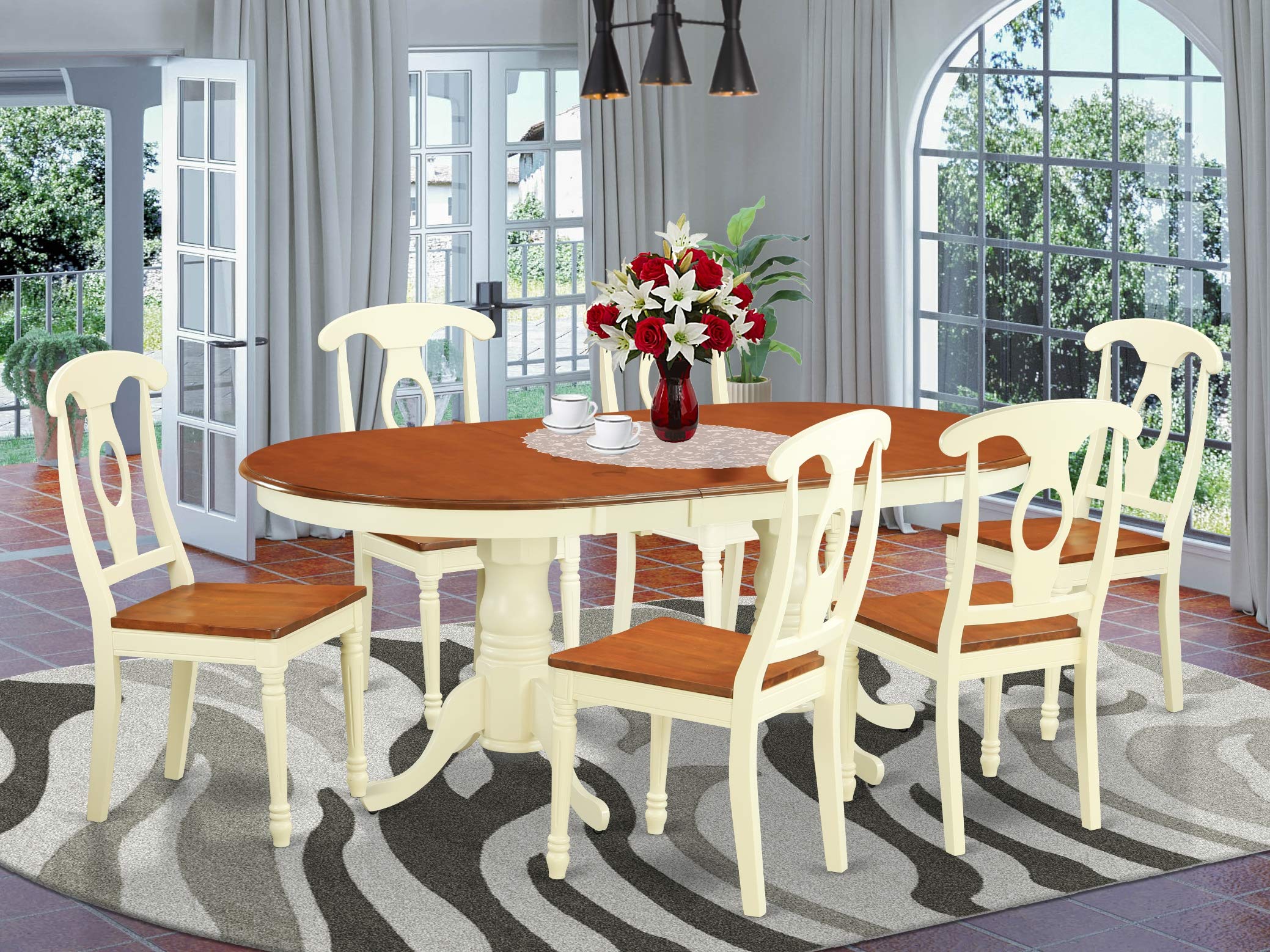 East West Furniture PLKE7-WHI-W 7 Piece Modern Dining Table Set Consist of an Oval Wooden Table with Butterfly Leaf and 6 Dining Chairs, 42x78 Inch, Buttermilk & Cherry