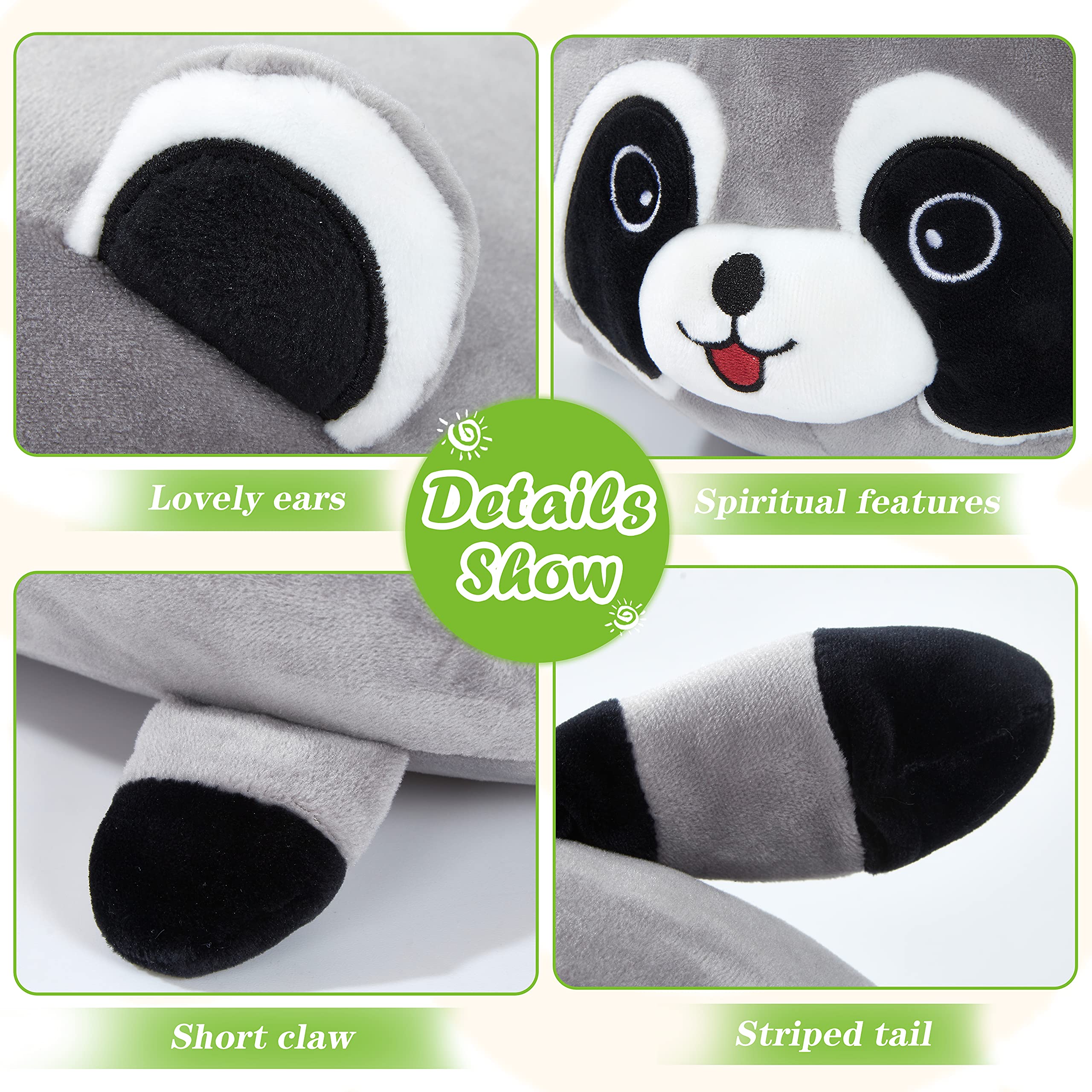 CozyWorld 20'' Raccoon Pillow - Gray Plush Stuffed Animal Toy for Kids Birthday Gifts