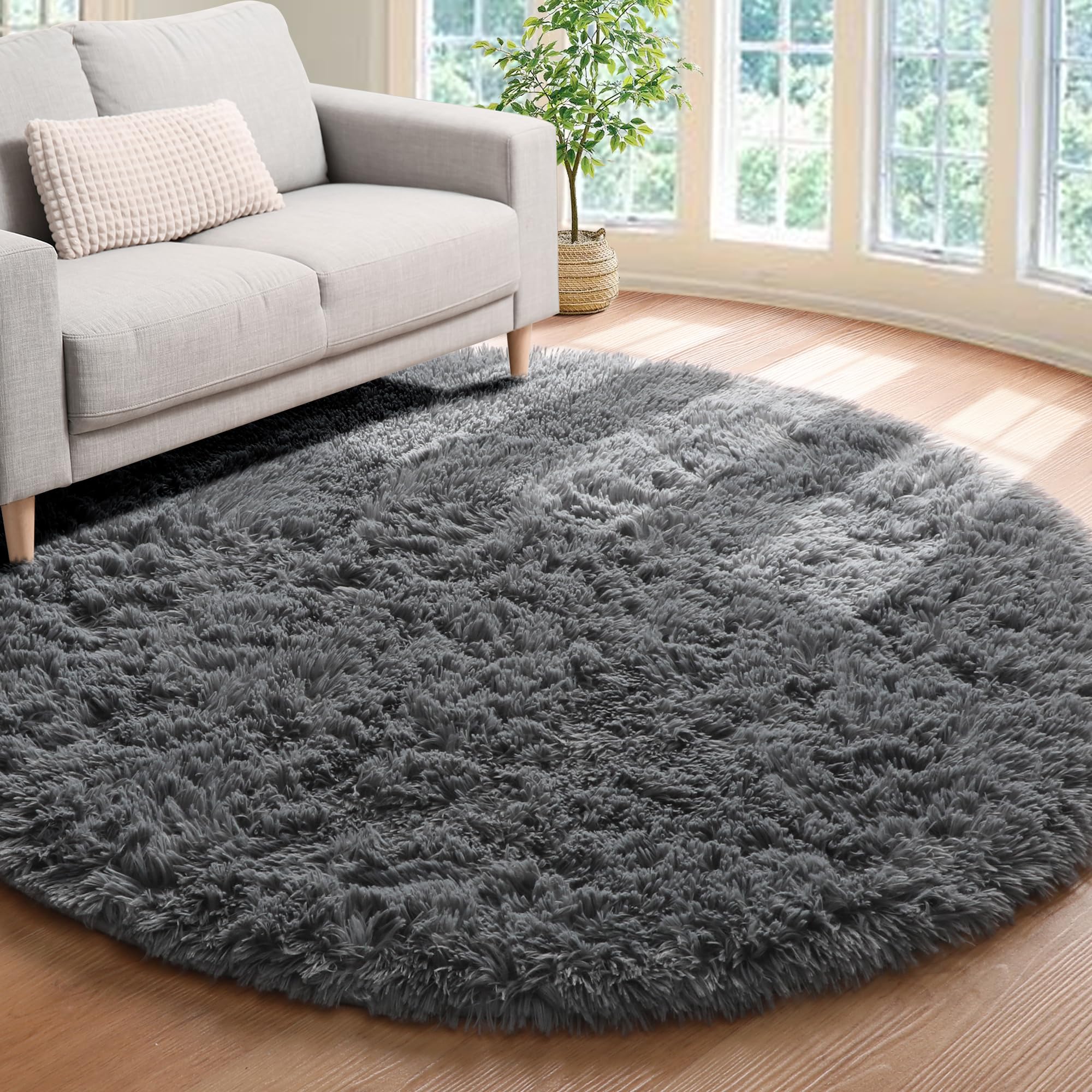 ONASAR Gray Round Area Rug 5ft, Soft Bedroom Circle Rugs Floor Mats for Kids Girls Teen Room, Fluffy Plush Shaggy Carpet for Bab
