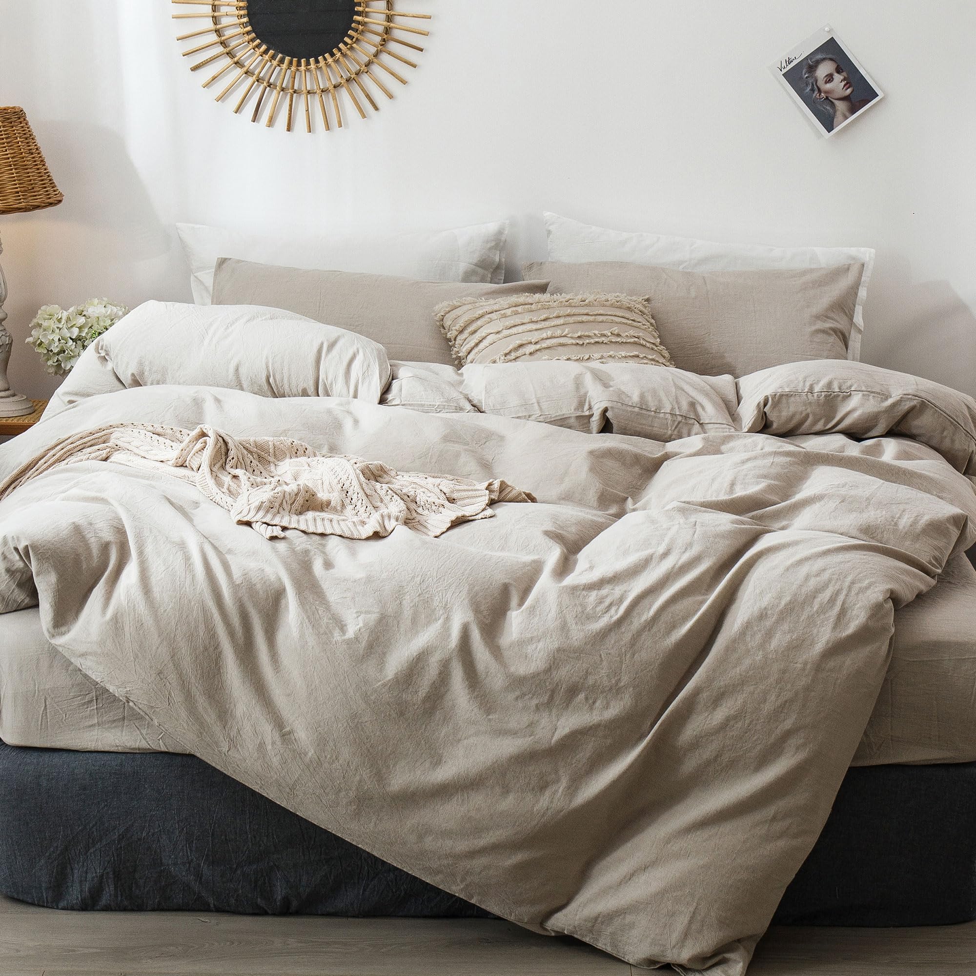 MooMee Bedding Duvet Cover Set 100% Washed Cotton Linen Like Textured Breathable Durable Soft Comfy (Tannish Linen Grey, Super K