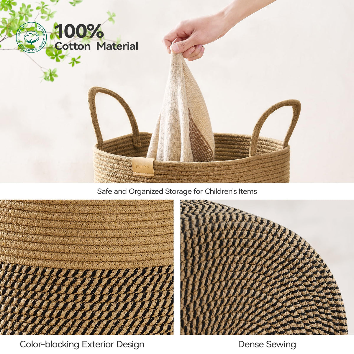 Nunsino 75L Laundry Hamper Basket,Baby Nursery Woven Storage Basket For Toys Bin,Pillows,Blankets,Clothes,Dark&Brown