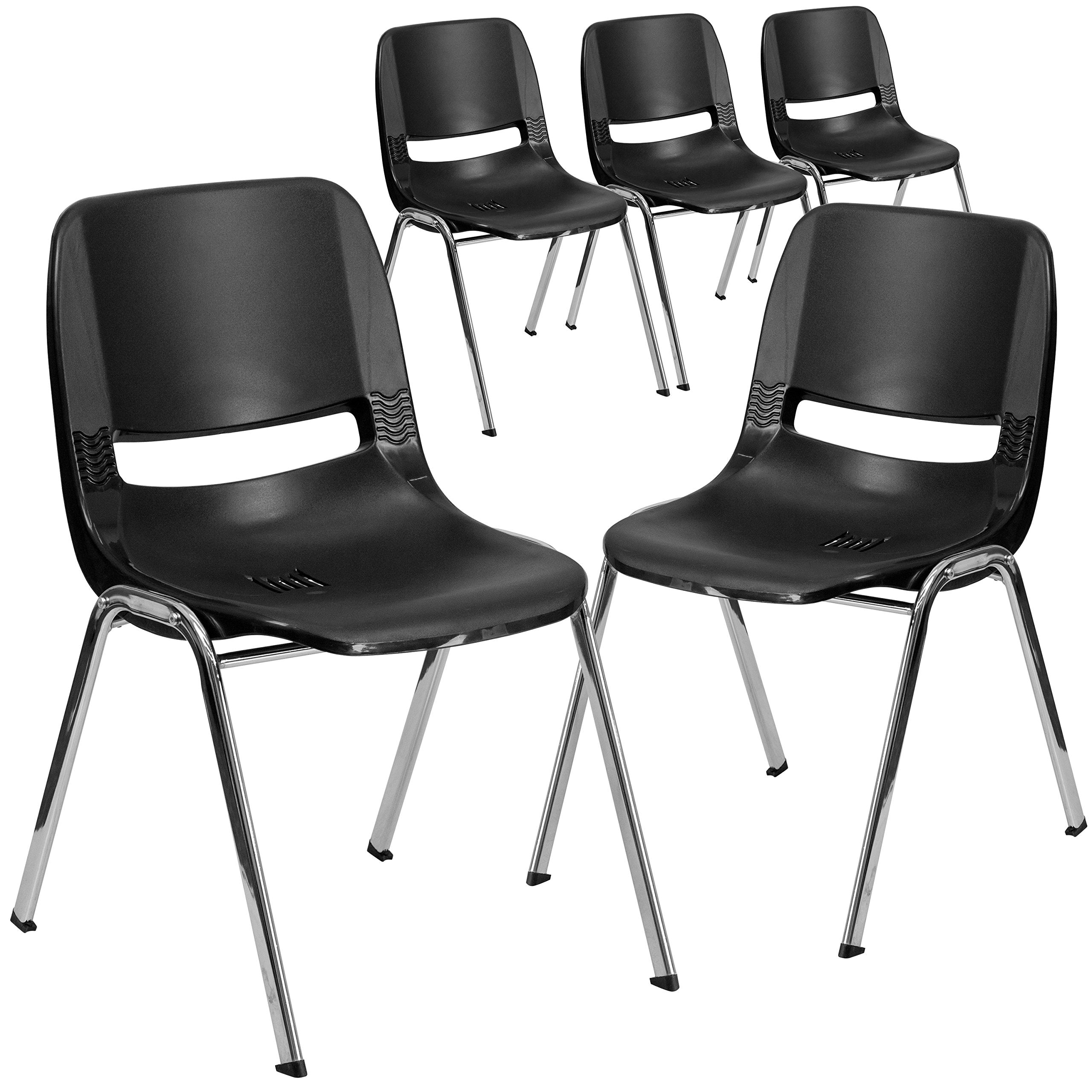 5 Pk. 440 lb. Capacity Black Ergonomic Shell Stack Chair with Chrome Frame