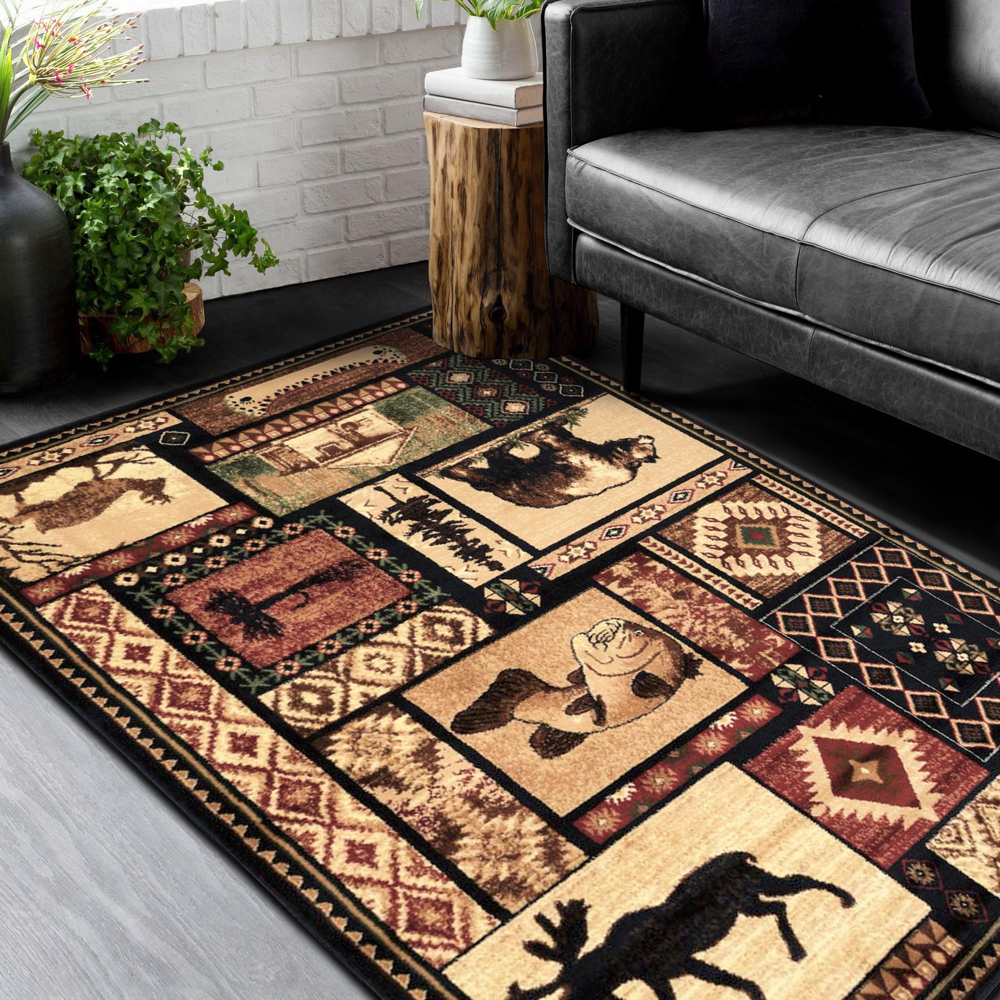HR Cabin 906 Nature and Animals Area Rug 52 x 72 Contemporary Geometric Design Fish/Moose/Bear/Lodge