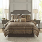 Madison Park Bellagio Cozy Comforter Set - Luxurious Jaquard Traditional Damask Design, All Season Down Alternative Bedding With Matching Shams, Decorative Pillow, King(104'X92'), Brown/Gold 7 Piece