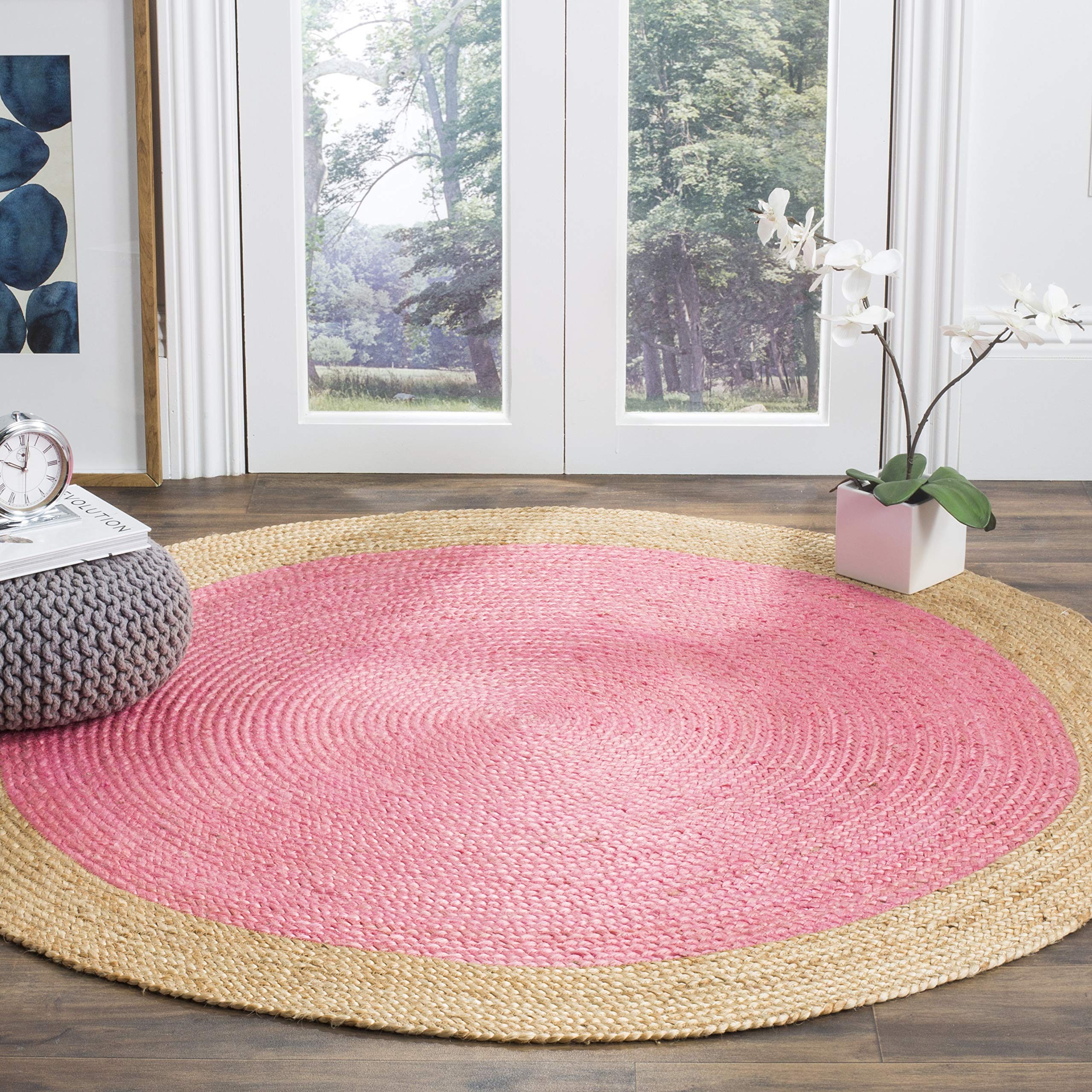 SAFAVIEH Natural Fiber Collection Area Rug - 6 Round, Pink & Natural, Handmade Boho Braided Jute, Ideal for High Traffic Areas 