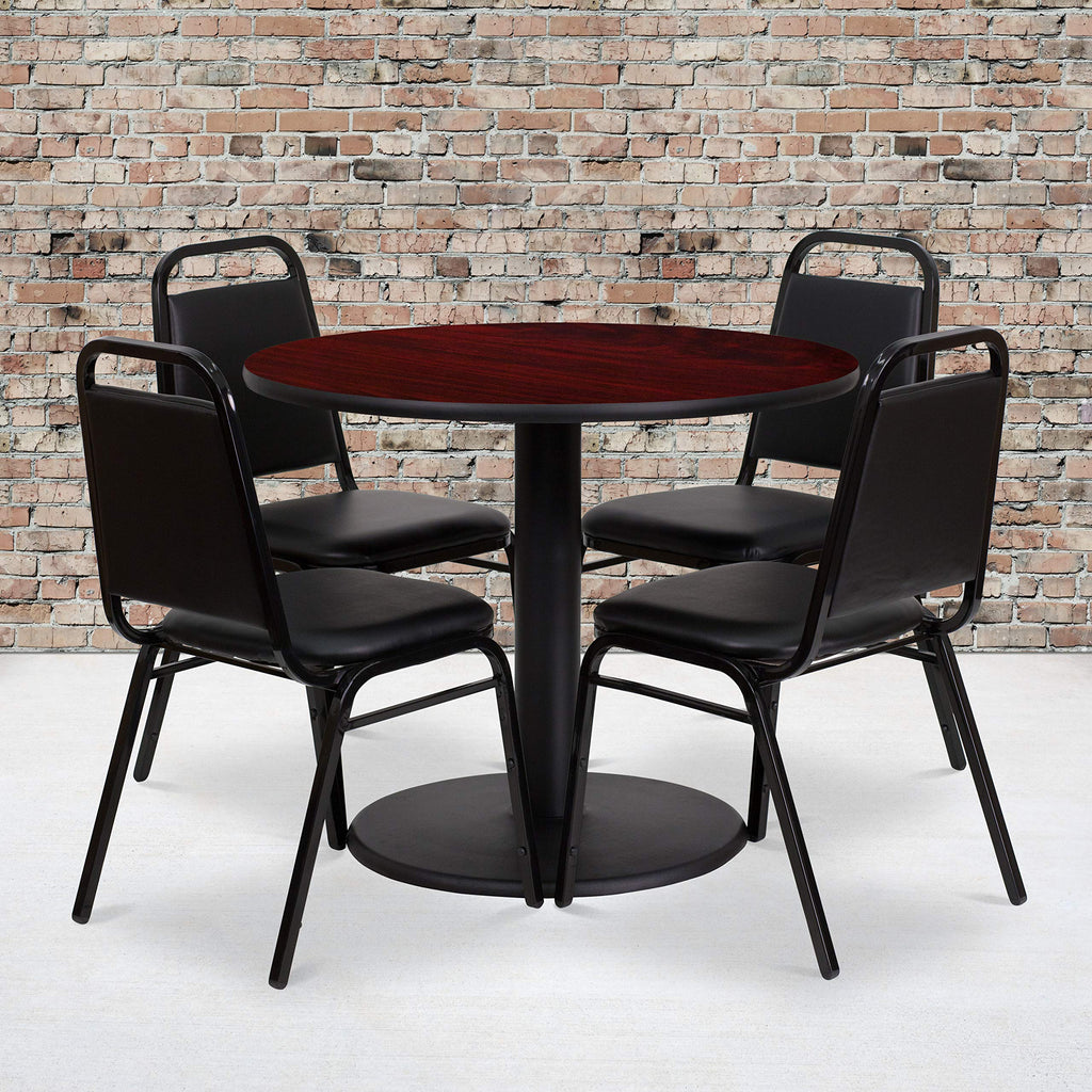 Flash Furniture 36'' Round Mahogany Laminate Table Set with Round Base and 4 Black Trapezoidal Back Banquet Chairs