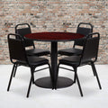 Flash Furniture 36'' Round Mahogany Laminate Table Set with Round Base and 4 Black Trapezoidal Back Banquet Chairs