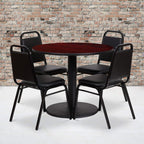 Flash Furniture 36'' Round Mahogany Laminate Table Set with Round Base and 4 Black Trapezoidal Back Banquet Chairs