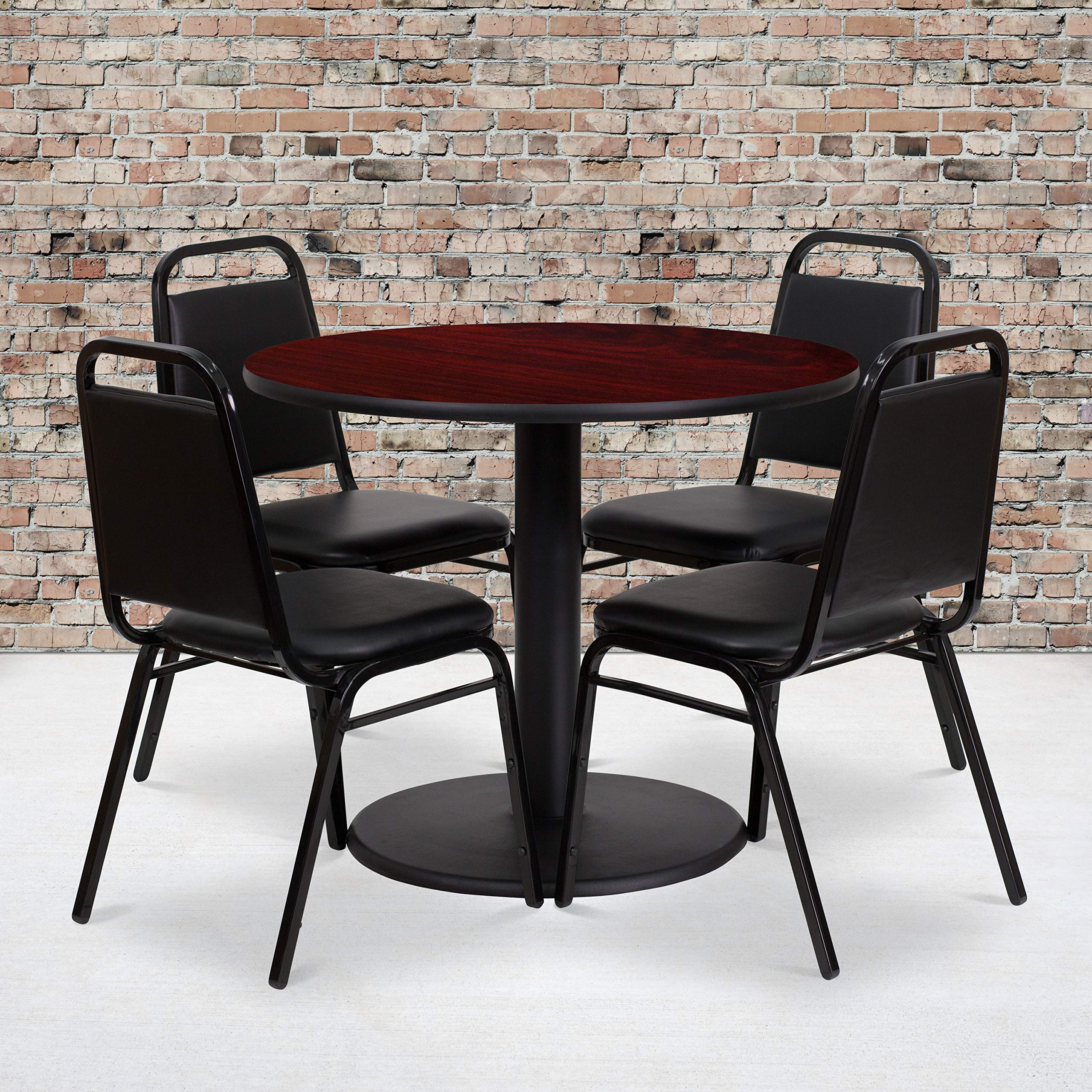 Flash Furniture 36'' Round Mahogany Laminate Table Set with Round Base and 4 Black Trapezoidal Back Banquet Chairs