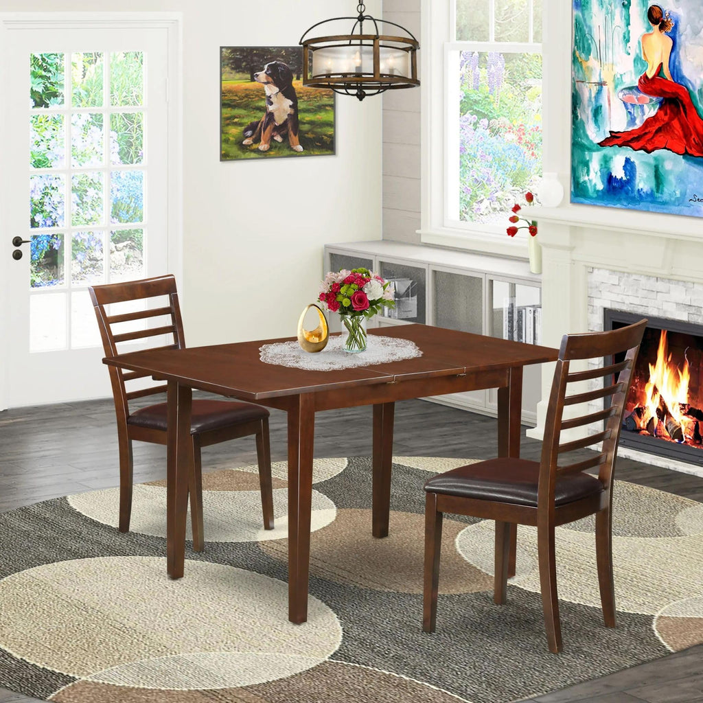 East West Furniture NOML3-MAH-LC 3 Piece Dining Table Set Contains a Rectangle Dining Room Table with Butterfly Leaf and 2 Faux Leather Upholstered Chairs, 32x54 Inch, Mahogany