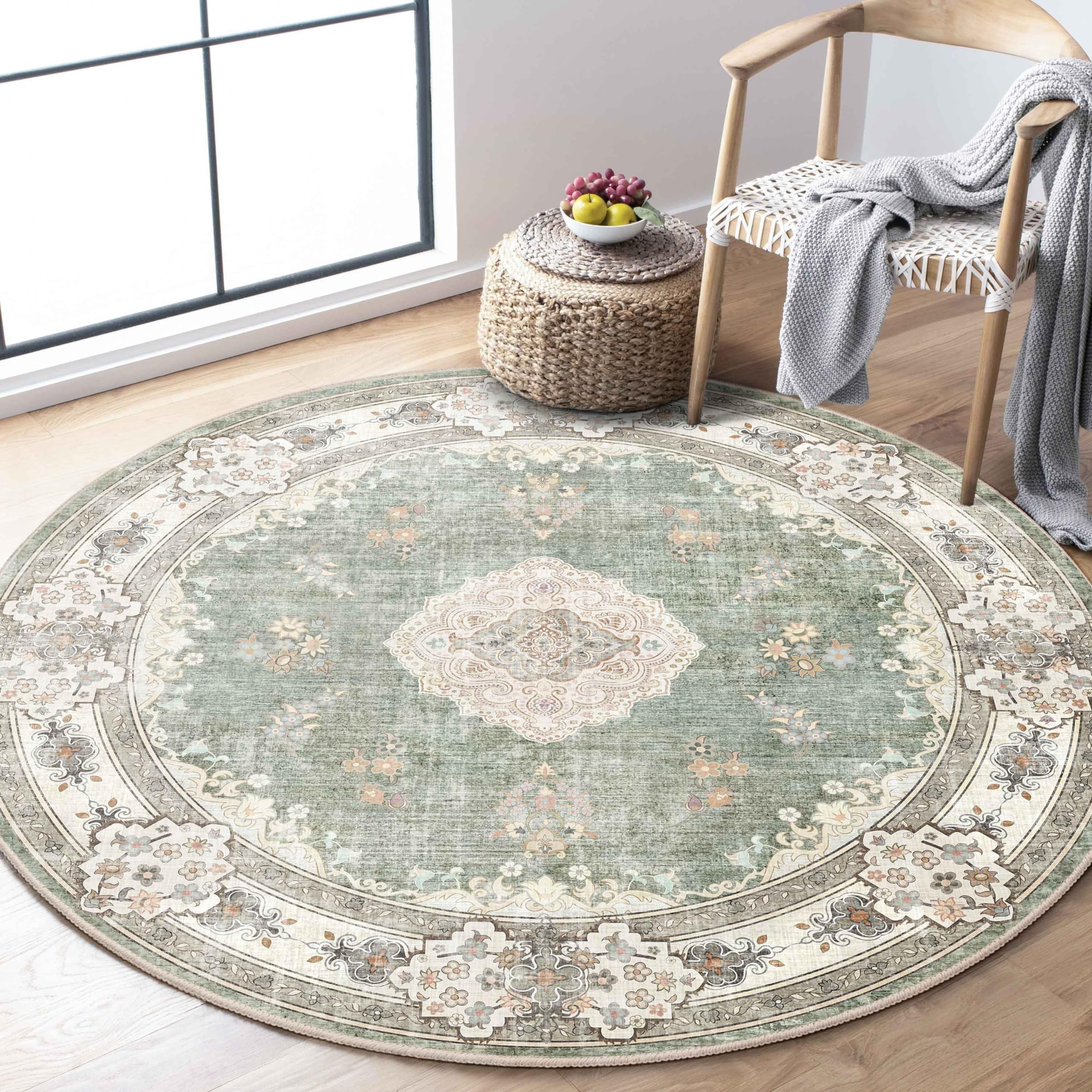 MUJOO Green Round Rug 4ft,Circle Washable Area Rugs for Bedroom Living Room Bathroom,Boho Small Non Slip Circular Carpet,Sage Fl