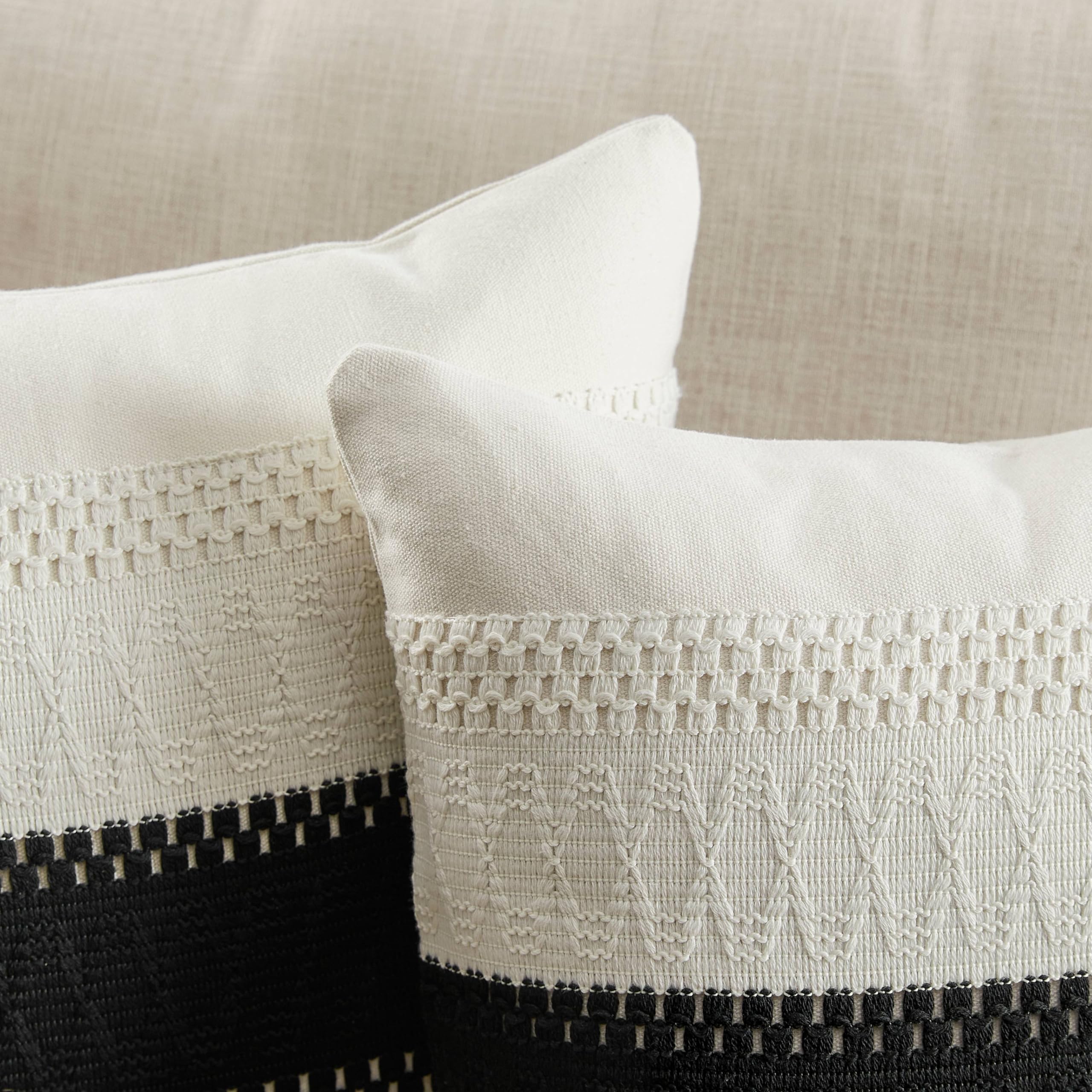 Zeemart 2 Packs Cotton Boho Throw Pillow Covers 22X22 Inch Contrast Black, Soft Farmhouse Decorative Couch Pillow Cases Black Cushion Covers For Sofa Bed Living Room Home Decor