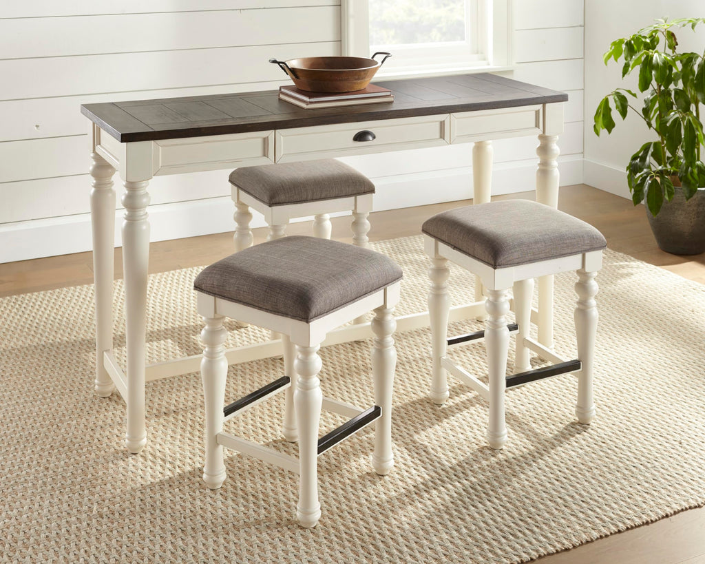 Steve Silver Furniture Joanna Sofa Bar 4PC Set, 36.5-Inch Table Height, Farmhouse Design, Living Room, Dining/Kitchen Table, Small Space, Three Counter Stools, 60" W x 20" D x 36" H, White