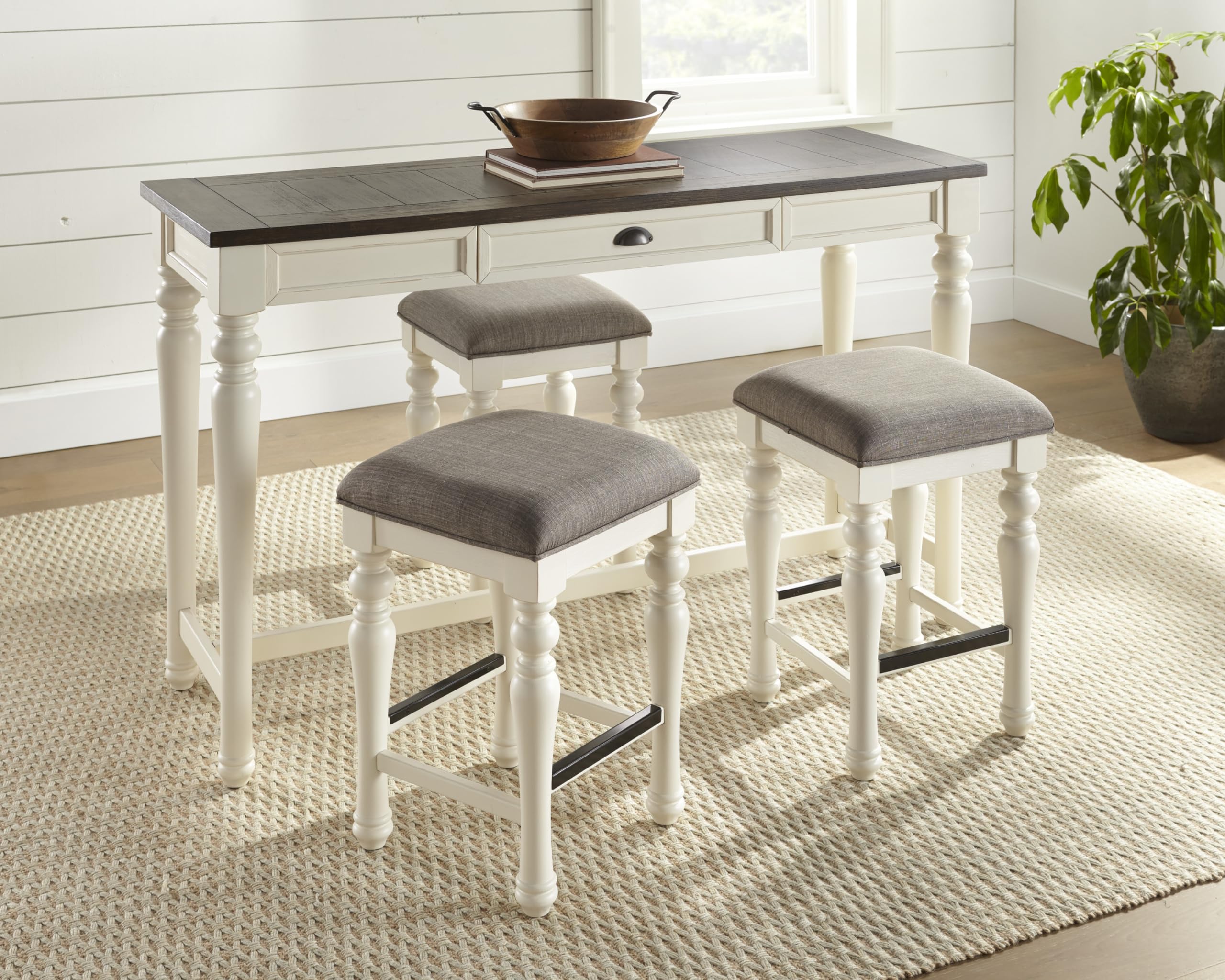 Steve Silver Furniture Joanna Sofa Bar 4PC Set, 36.5-Inch Table Height, Farmhouse Design, Living Room, Dining/Kitchen Table, Small Space, Three Counter Stools, 60" W x 20" D x 36" H, White