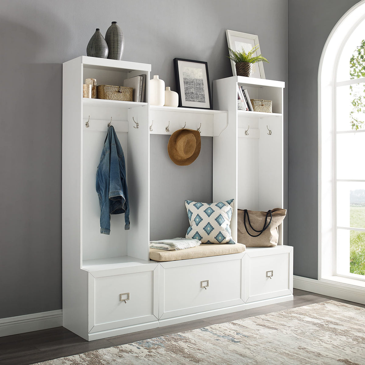 Crosley Furniture Harper 4-Piece Hall Tree, Storage Bench, And Wall Shelf Set With Coat Rack Hooks For Hanging, White