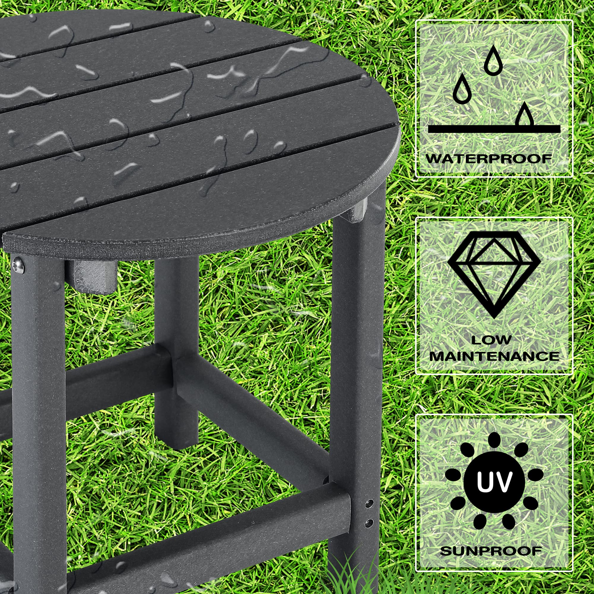 LZRS Adirondack Patio Side Table, Round End Table, HDPE, Grey, ADT-O-GR