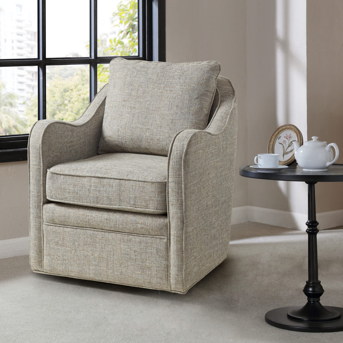 Madison Park Brianne Swivel Accent Chair, 360 Degree Armchair with Metal Base Stand, Pillowback Support, Slub Weave, Wide Seat for Nursery or Living Room Fully Assembled, Grey