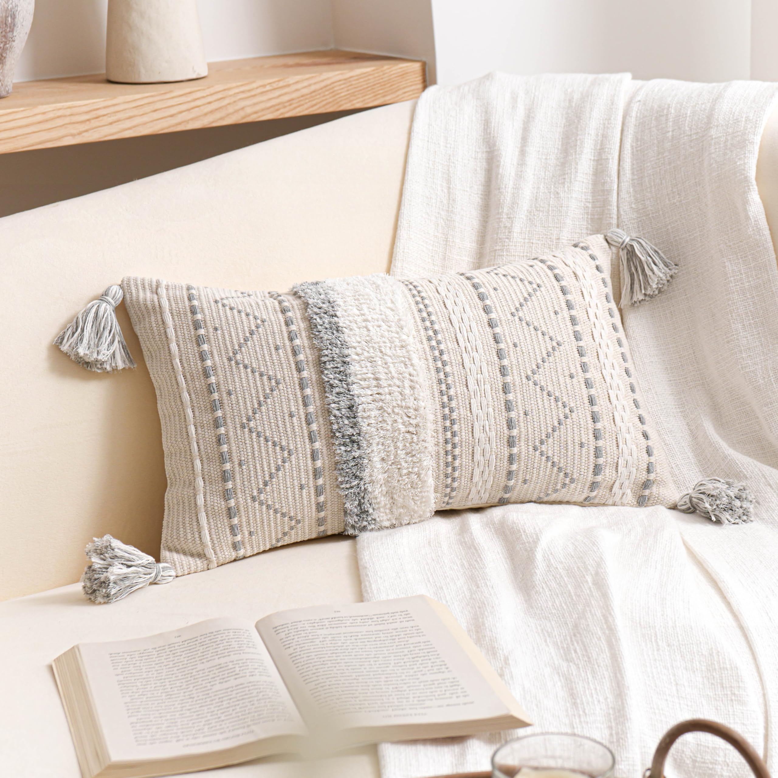 Blissblush Decorative Lumbar Throw Pillow Cover 12X20 Gray Rectangular Boho Accent Pillowcase Neutral White Farmhouse Cushion Fo