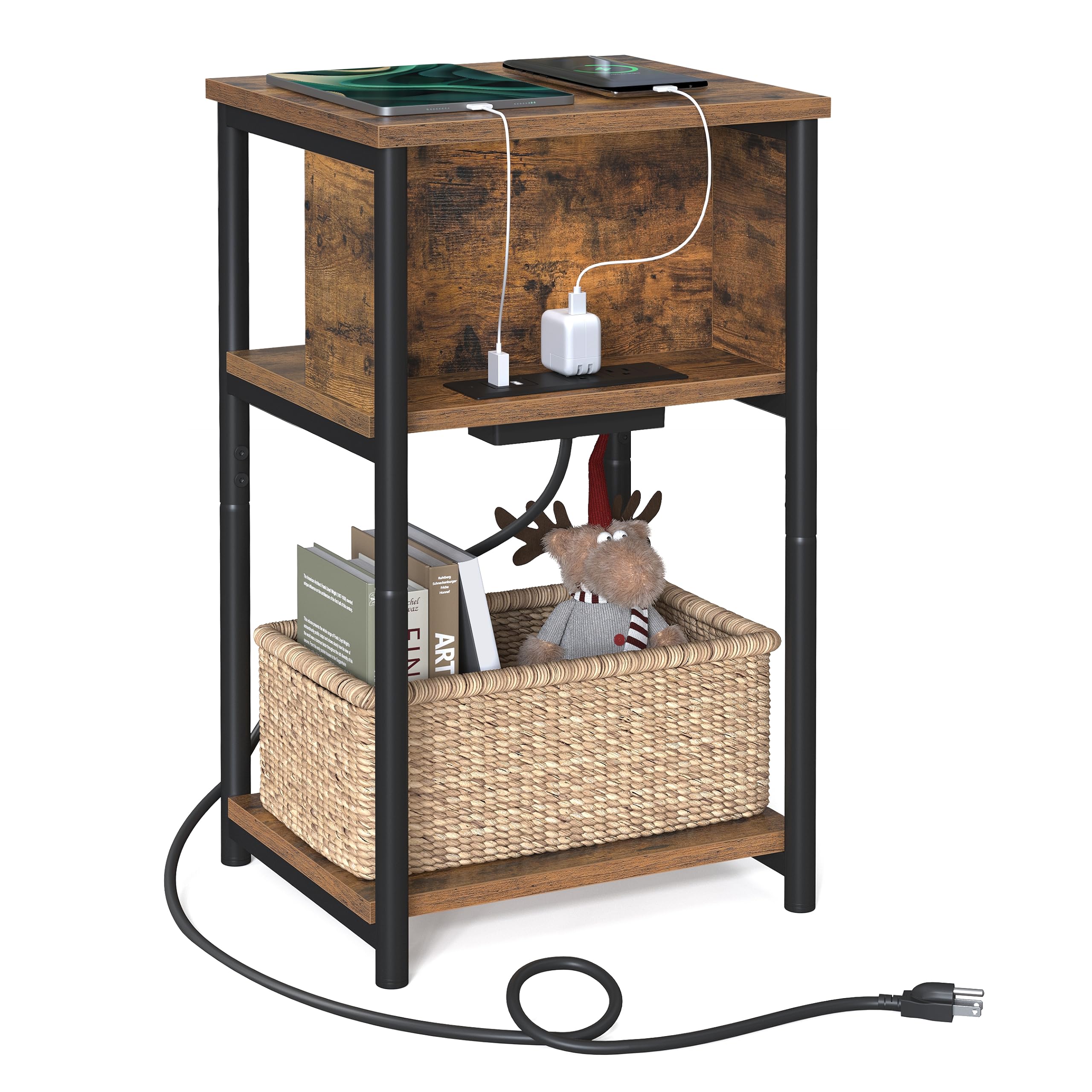 Vasagle Side Table With Charging Station, 3-Tier End Table With Usb Ports And Outlets, Nightstand For Living Room, Bedroom, 11.8 X 13.4 X 22.8 Inches, Plug-In Series, Rustic Brown And Black