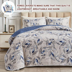 Joyreap Quilt Set California King- 102X114 Inches, 3 Pieces Lightweight Microfiber Quilt, Botanical Blue Leaves On Light Gray De