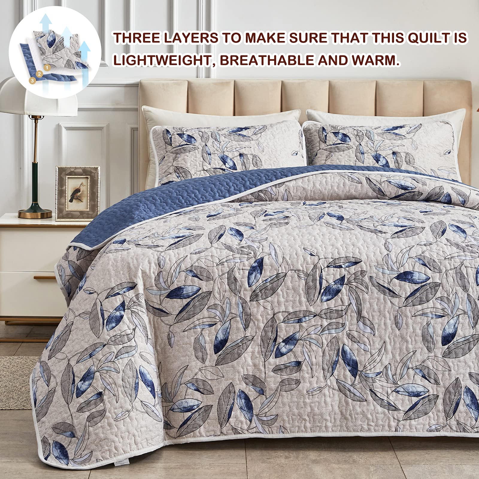 Joyreap Quilt Set California King- 102X114 Inches, 3 Pieces Lightweight Microfiber Quilt, Botanical Blue Leaves On Light Gray De
