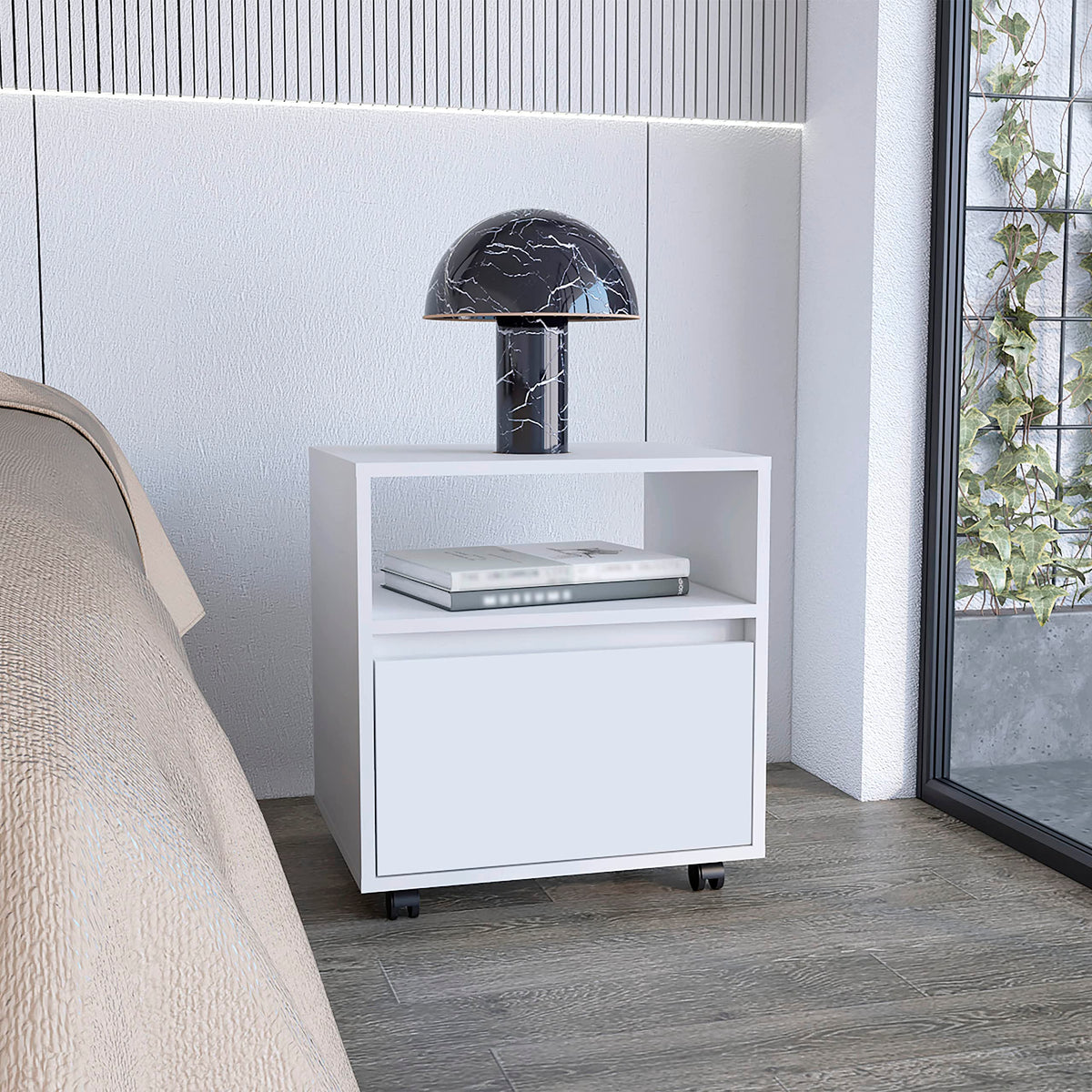 Nightstand 20" H, with 1 Open Shelf, 1 Drawer and Casters, White