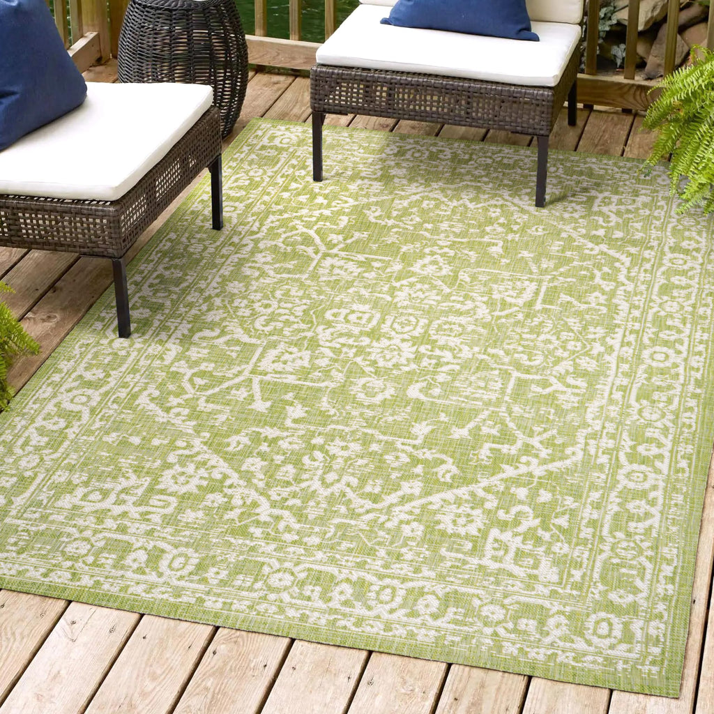 Jonathan Y Smb104D-4 Malta Bohemian Medallion Textured Weave Indoor Outdoor Area Rug, Coastal Traditional Transitional Easy Cleaning,Bedroom,Kitchen,Backyard,Patio,Non Shedding 4 X 6, Green/Cream