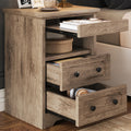 LIKIMIO Night Stand, Modern Bedside Table with 3 Drawers, Open Shelf, End Table with Pull-Out Tray, Wood SideTable, Grey Oak