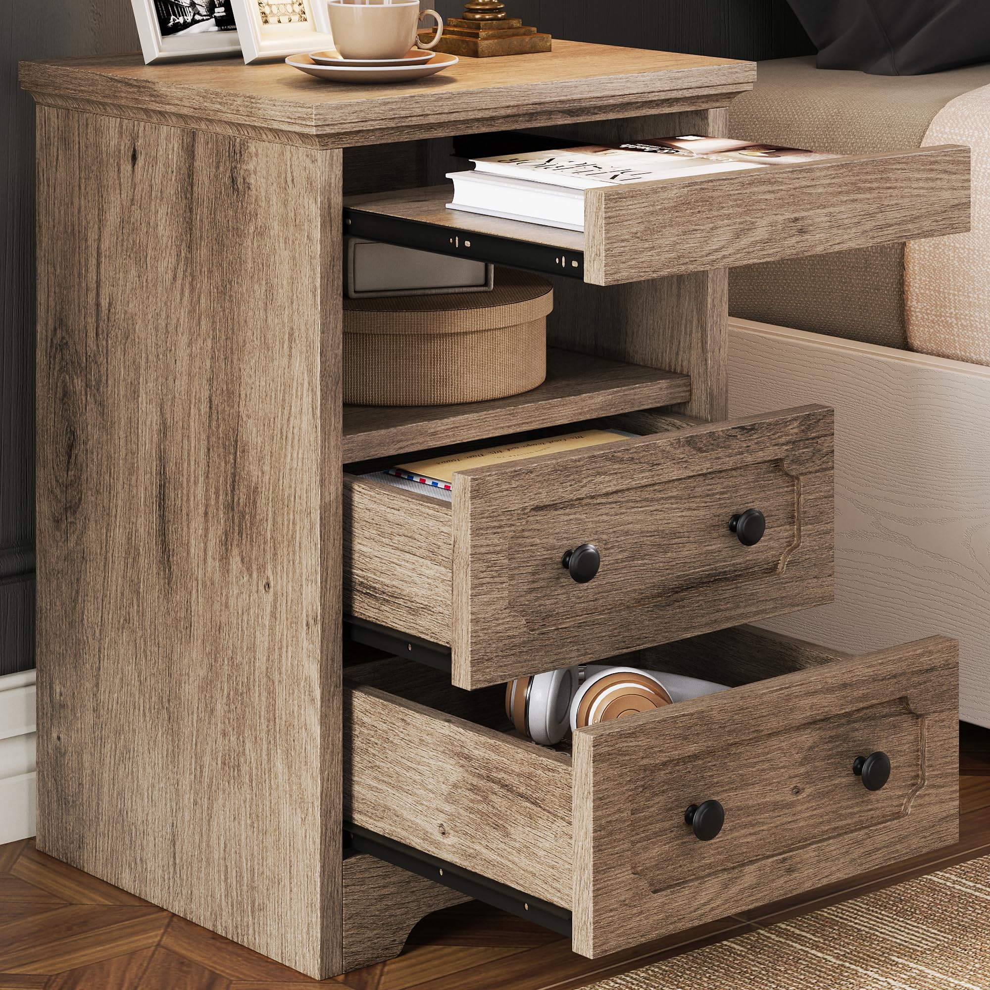 LIKIMIO Night Stand, Modern Bedside Table with 3 Drawers, Open Shelf, End Table with Pull-Out Tray, Wood SideTable, Grey Oak