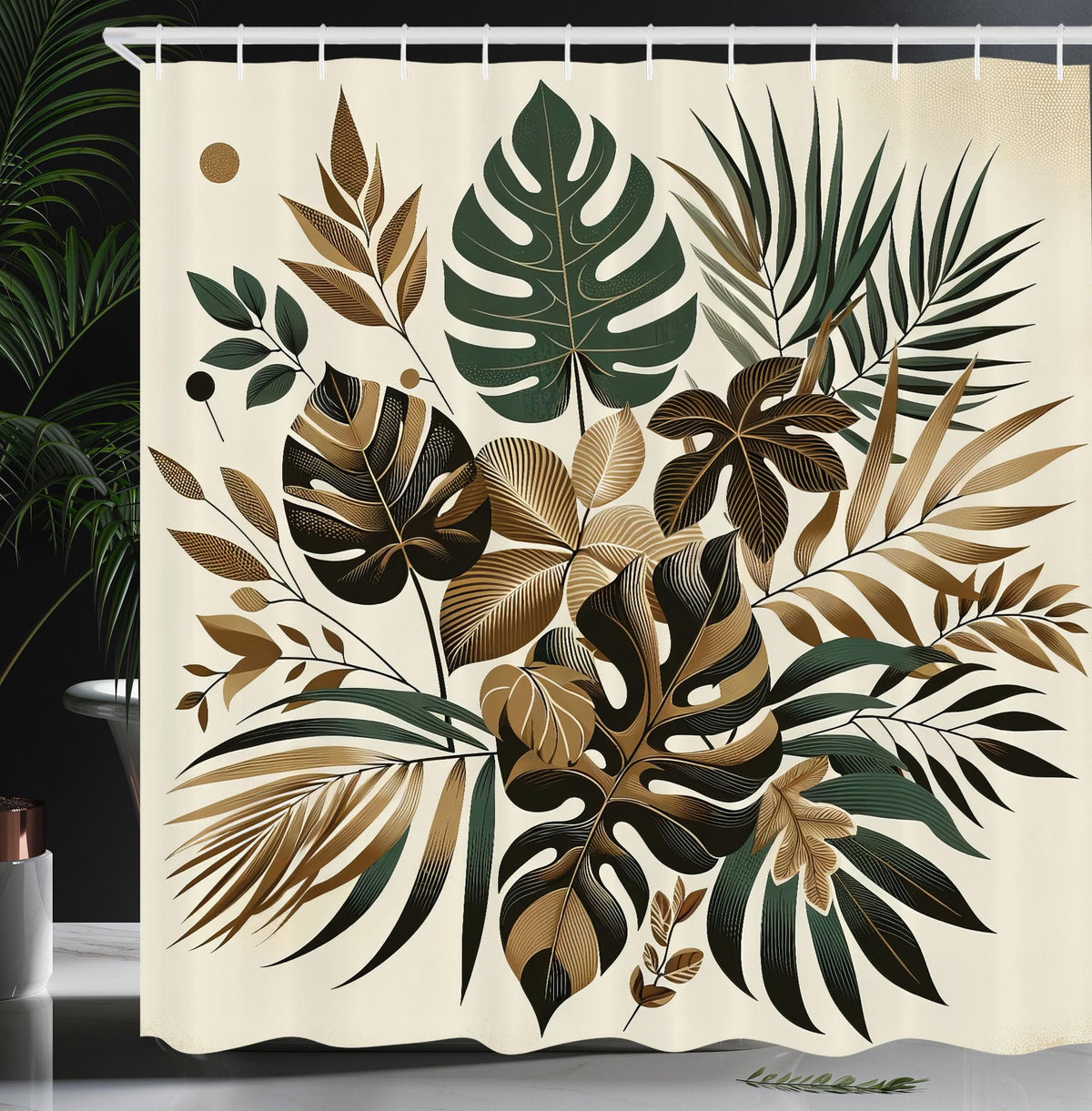 Ambesonne Brown Shower Curtain, Exotic Retro Inspired Monstera Palm Jungle Leaves Vintage Botanical, Cloth Fabric Bathroom Decor