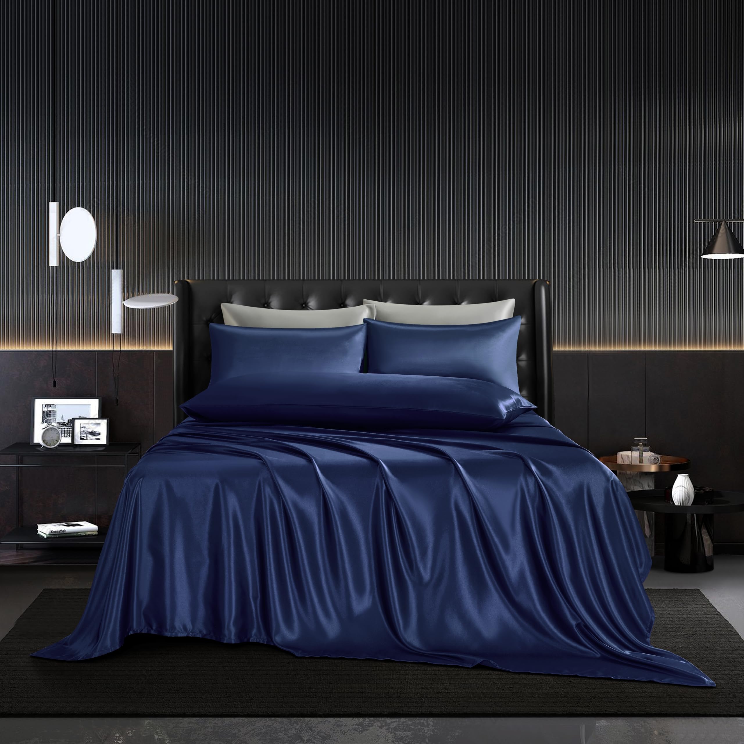 Hommxjf 5Pcs Navy Blue Silk Sheets King Satin Sheets Set King Size Sheets Silky Comforter Bedding Sheets With 1 Satin Flat Sheet