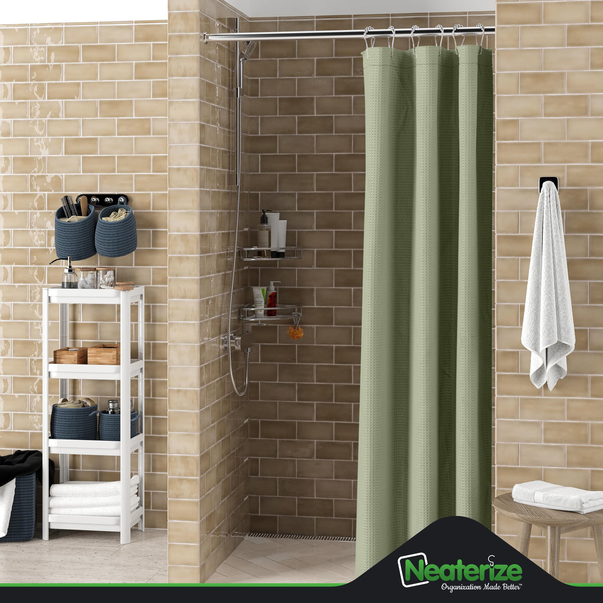 Neaterize Stall Shower Curtain Sage Green - Hotel Style Sage Green Shower Curtains For Bathroom With Waffle Design, 36X72 Inches