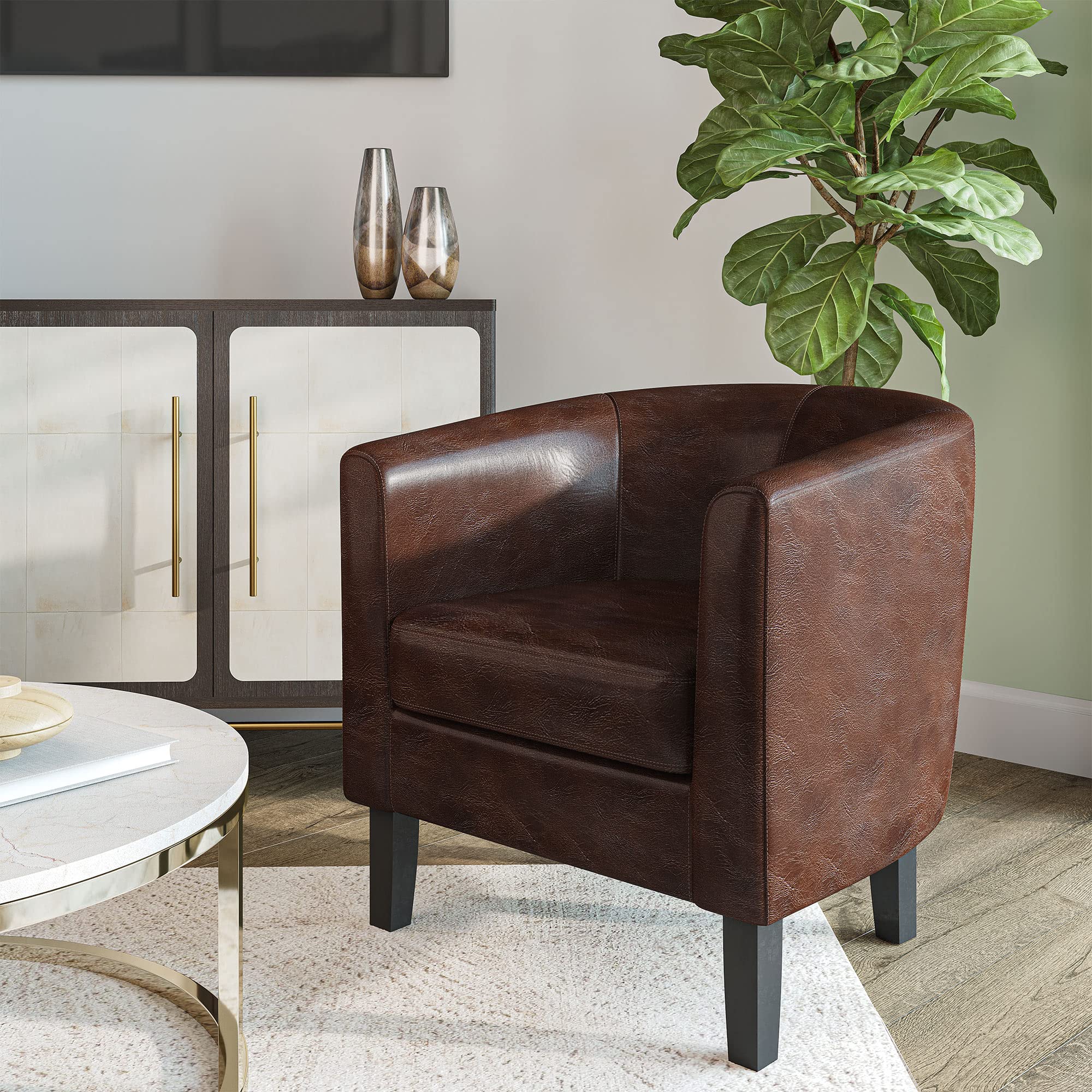 Belleze Living Room Chair, Faux Leather Round Accent Barrel Chair, Club Tub Sofa Chair For Bedroom, Corner Chair With Flared Leg