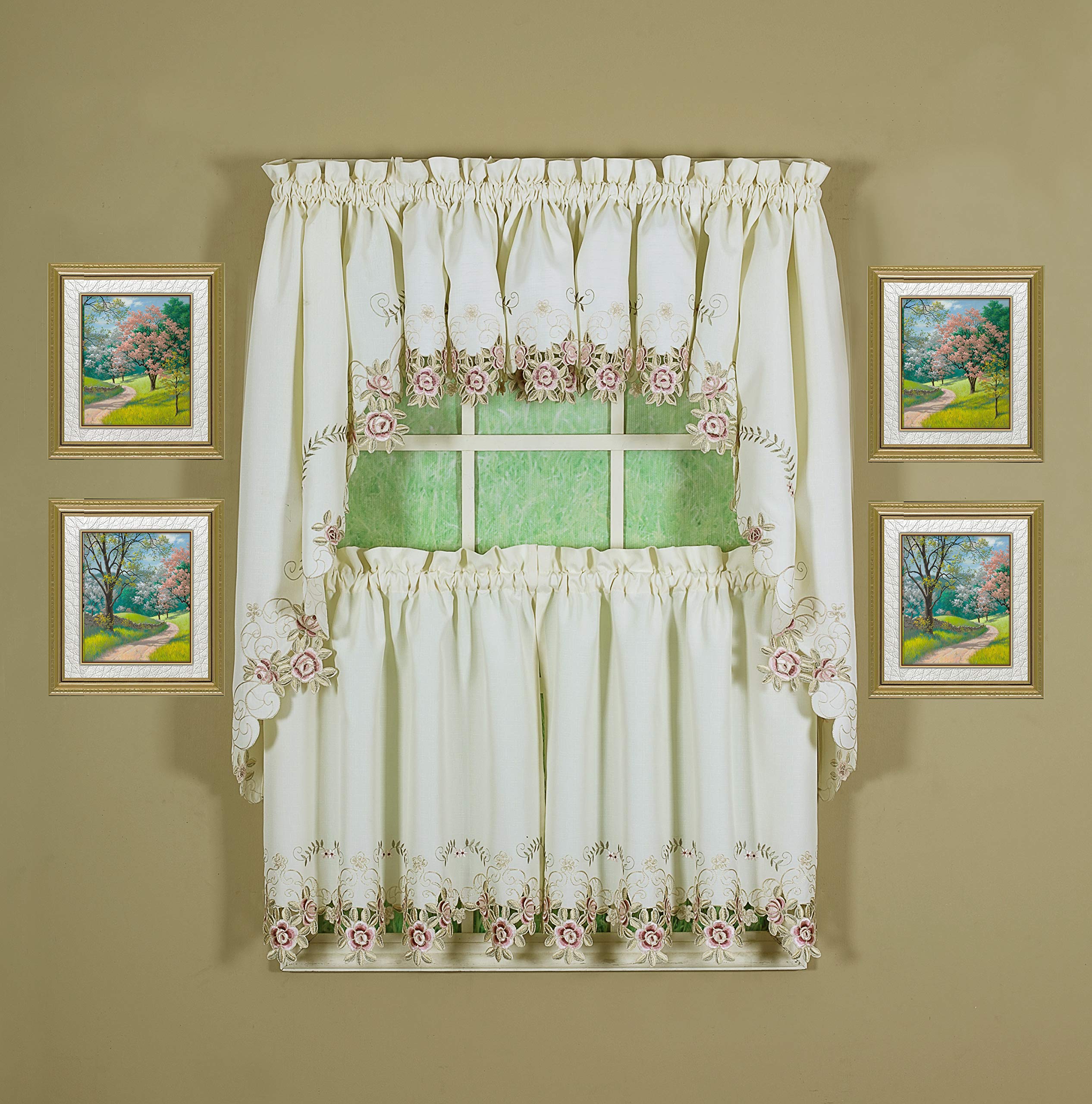 Today'S Curtain Verona Reverse Embroidery Tier, 36', Ecru/Rose