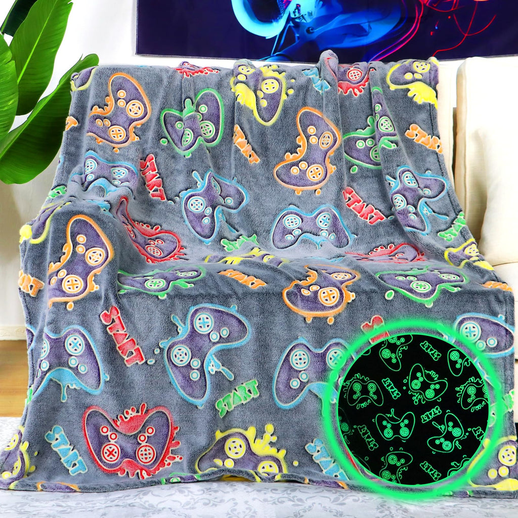 KIVEE Gamer Gifts for Teen Boys Glow in The Dark Blanket for Boys 7 8 9 10 11 12 13 14 15 16 17 18 Year Old Gaming Accessories G