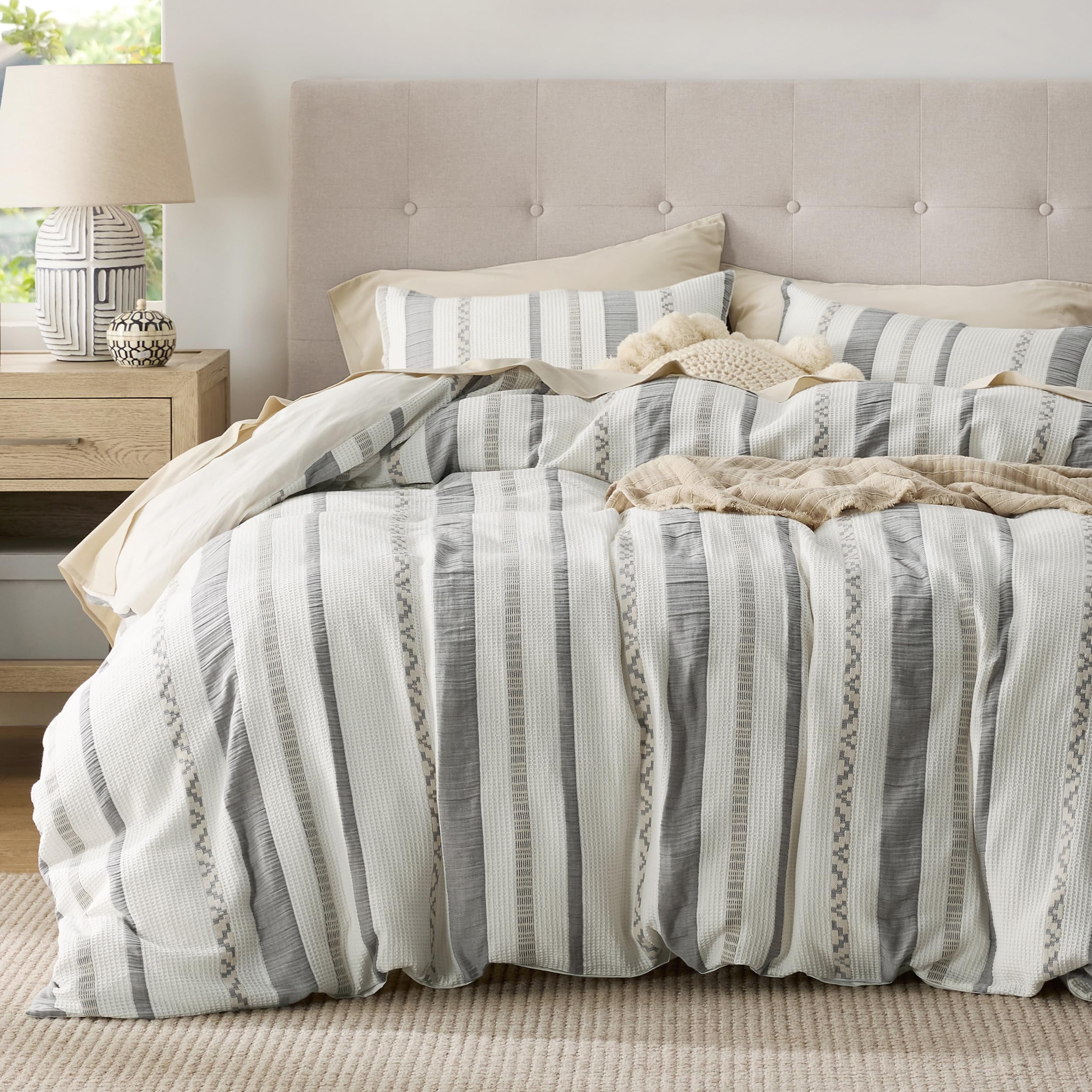 Bedsure Waffle Weave Duvet Cover King - 100% Cotton Boho Duvet Cover With 2 Pillowcases - Cream White Textured Comforter Cover W