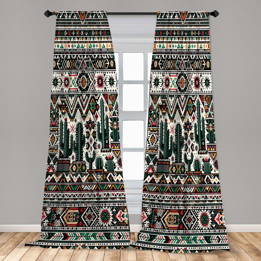 Ambesonne Mexican Window Curtains Pack Of 2, American Traditional Art Cactus With Traditional Aztec Chevron Details, Lightweight
