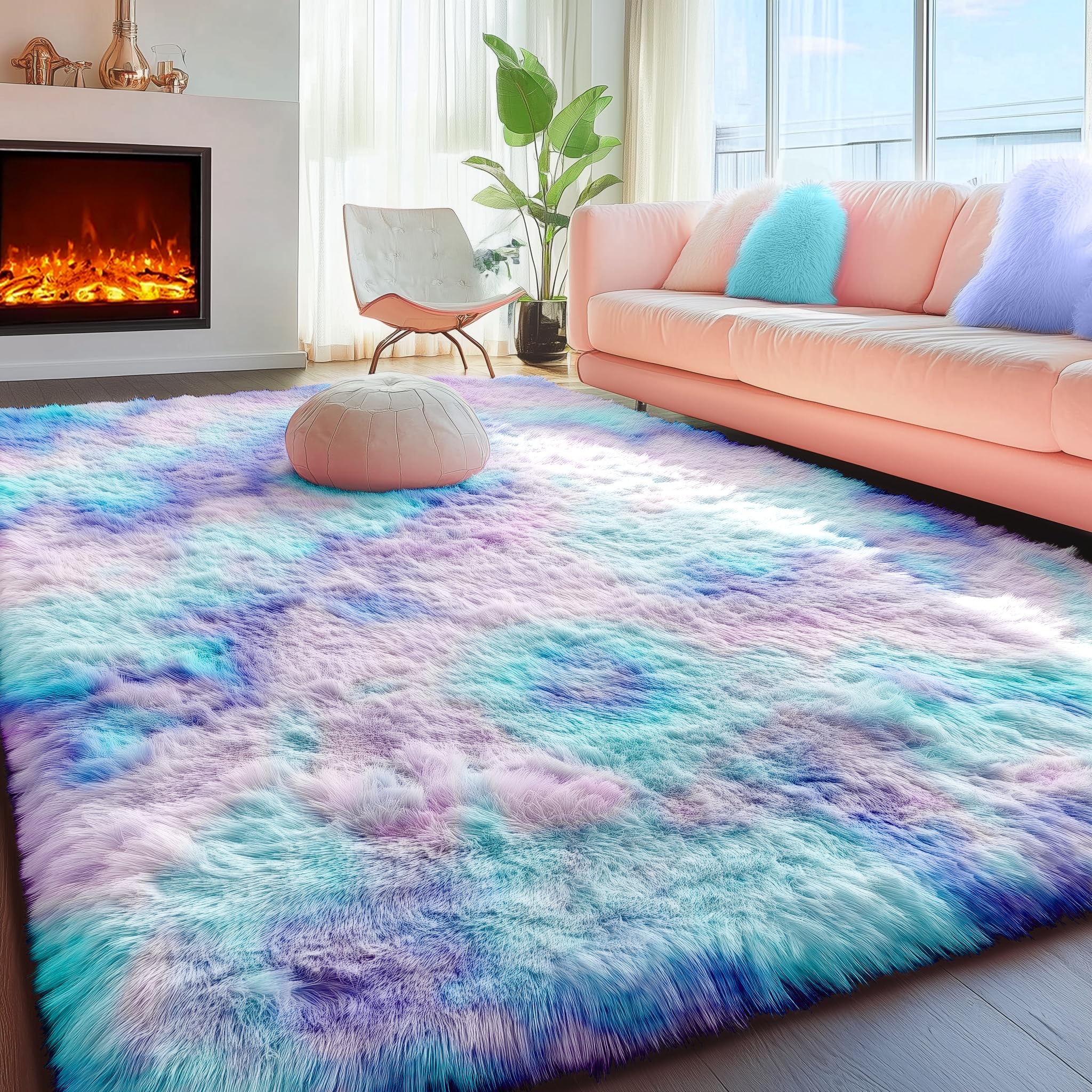 PAGISOFE Cute Kawaii Purple Rainbow Rug for Girls Bedroom, 5x8 Washable Area Rug, Soft Fluffy Shag Rug for Girls Room Baby Kids 