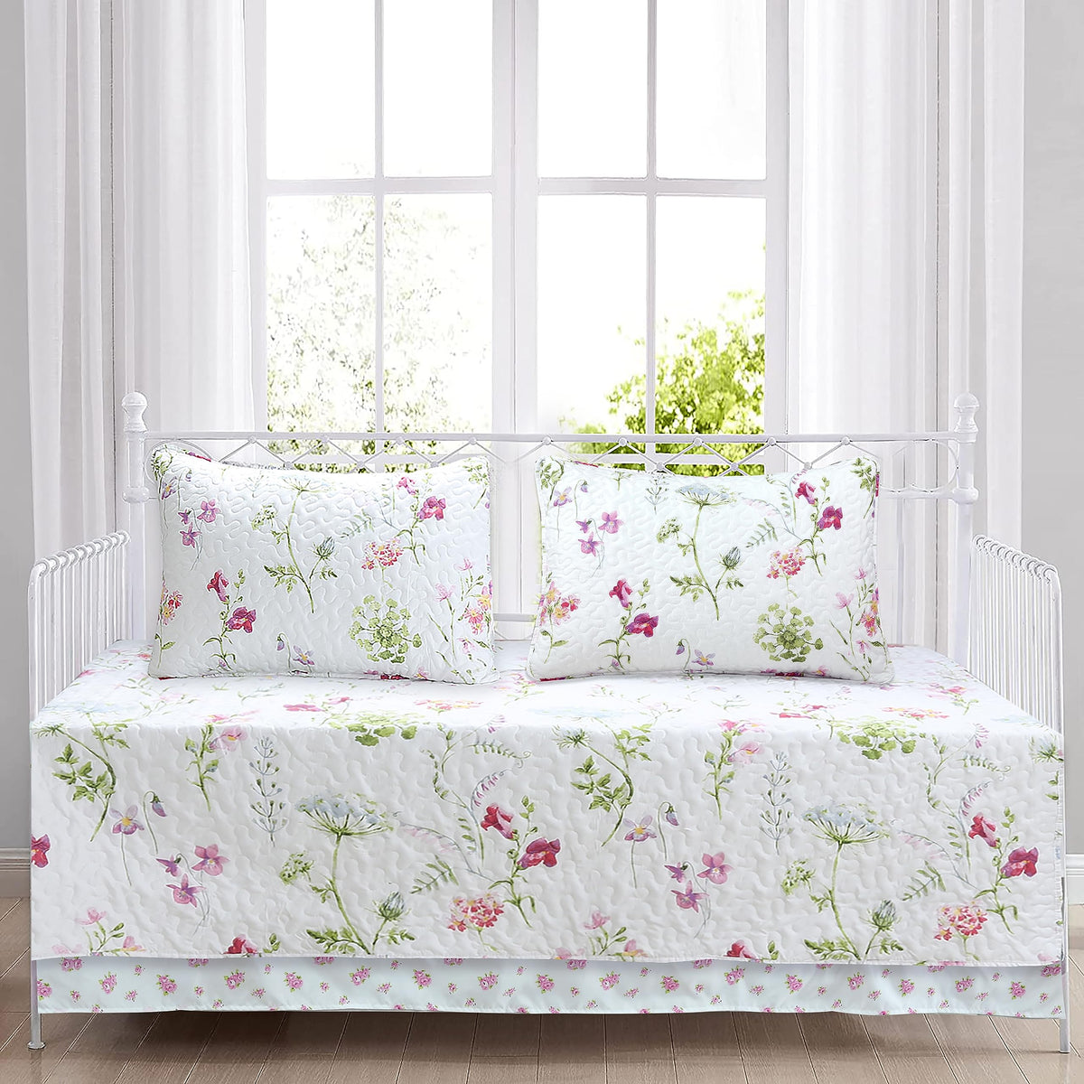 Cozy Line 4 Piece Daybed Cover Set - Carlotta Light Pink Blue Flower Bloom Floral Garden Reversible All Season Luxury Bedding Wi