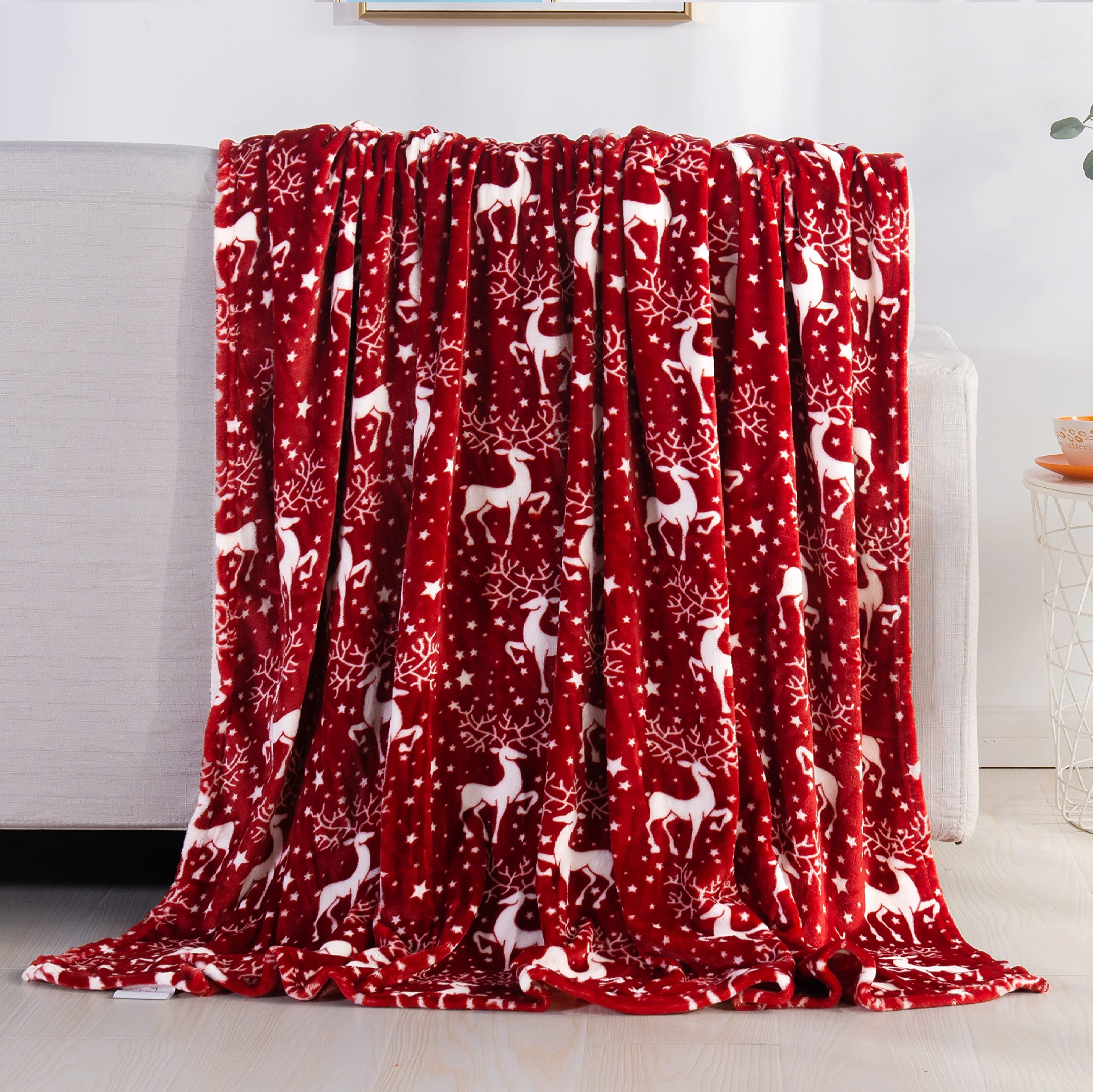 Elegant Comfort Velvet Touch Ultra Plush Christmas Holiday Printed Fleece Throw/Blanket - 50 Inches X 60 Inches, (Reindeer Stars