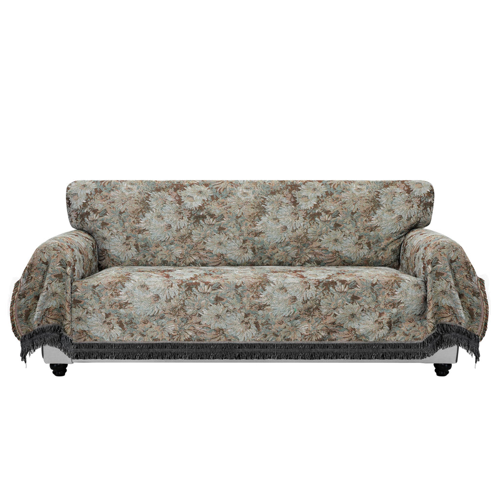 Purefit Geometric Jacquard Throw Sofa Cover - Textured Soft Washable Decorative Couch Covers For 3 Cushion Couch, Throw Cover With Tassels Furniture Protector For Pets, Kids (Large, Flower Sage)