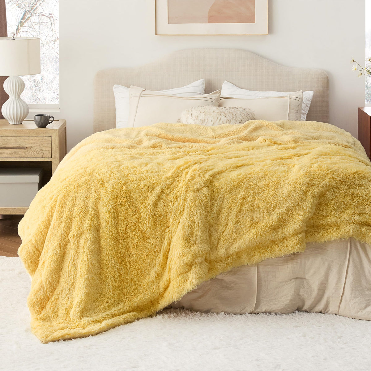 Bedsure Soft Fuzzy Faux Fur King Size Blanket Light Yellow  Cozy, Fluffy, Plush Sherpa Fleece Blanket, Furry, Shaggy Blanket Fo