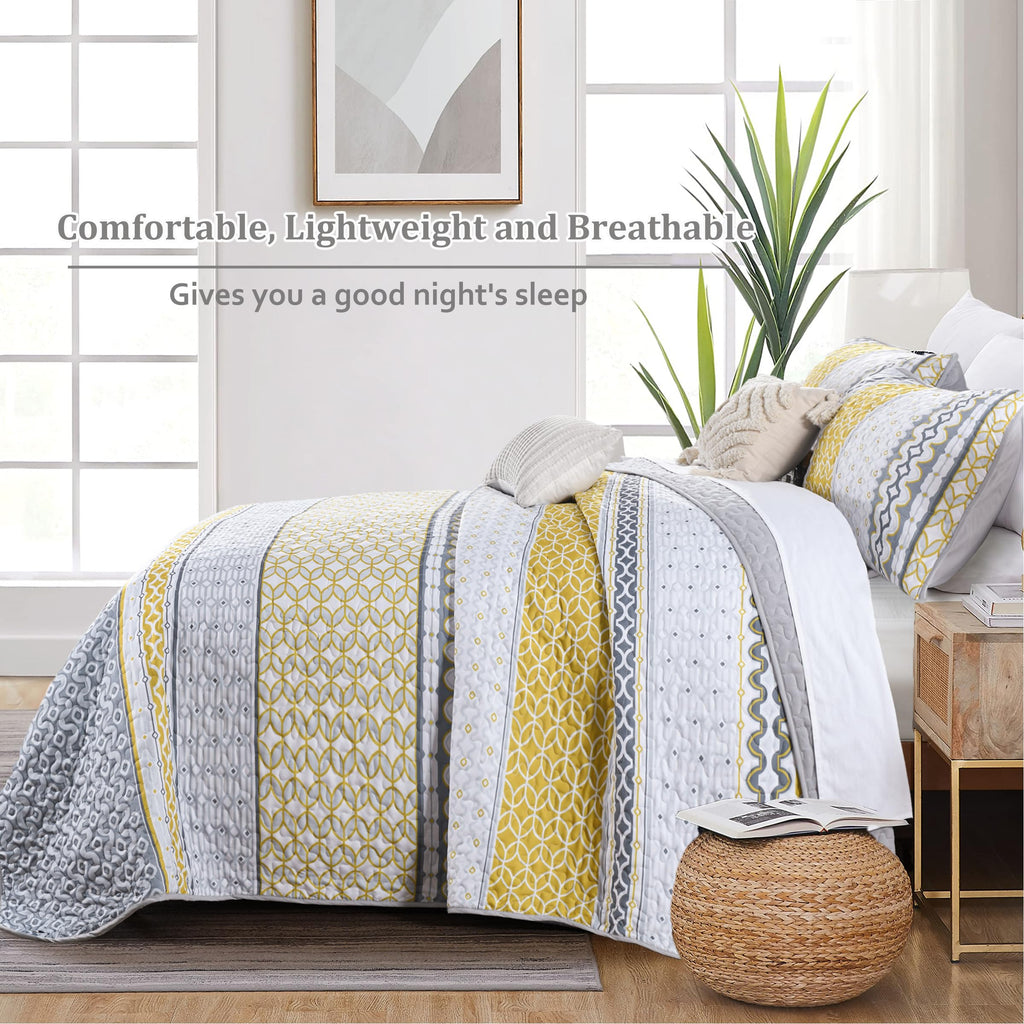 Djy Yellow Quilt Set Queen Size, Boho Yellow Grey Striped Bedspread Coverlet Set Soft Microfiber Patchwork Quilt Bedding Set 3 P