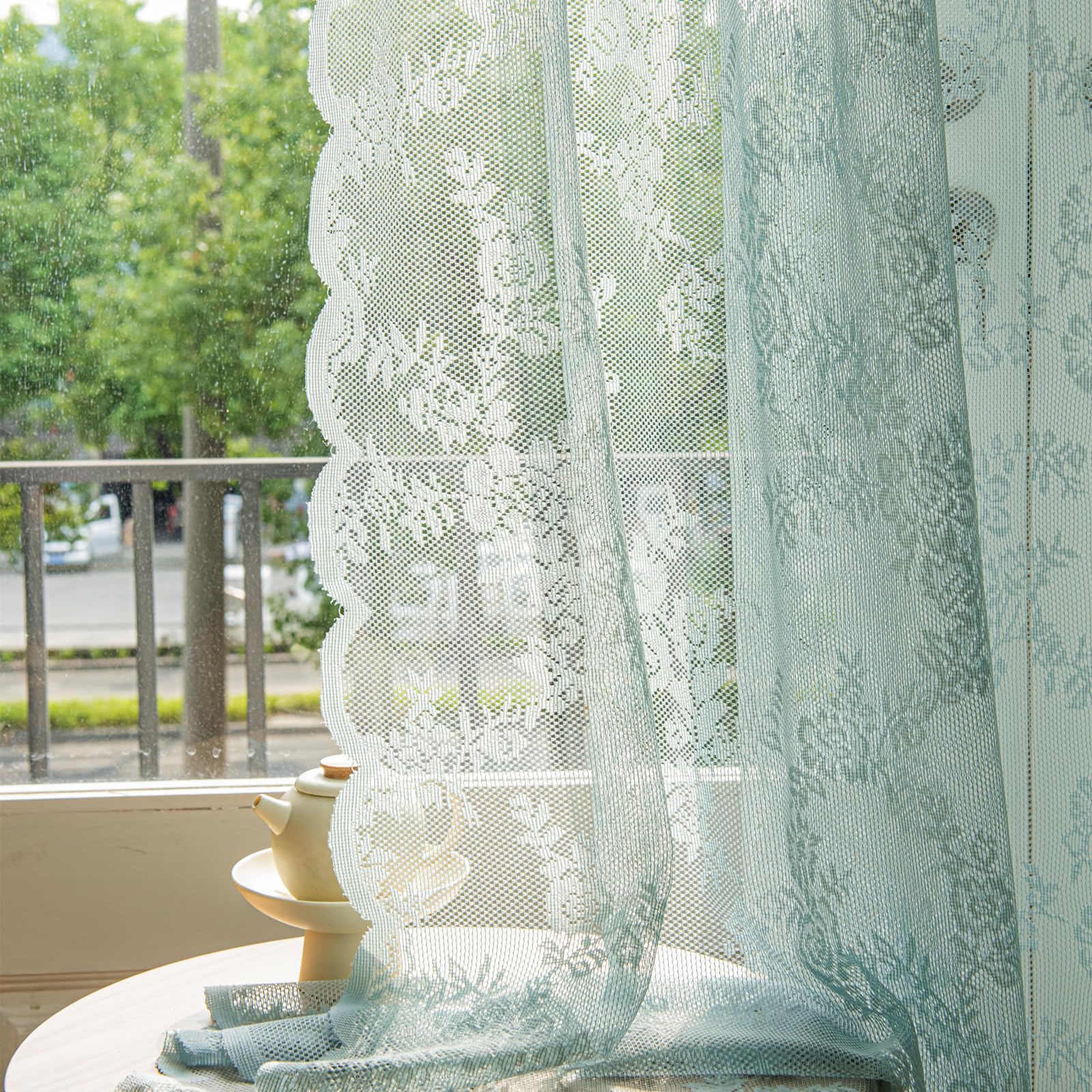 Deeprove Teal Lace Curtains 96 Inches Long 2 Panels Set, Aqua Sheer Florals Scallop Ruffle Edge, Chic Vintage Window Treatment P